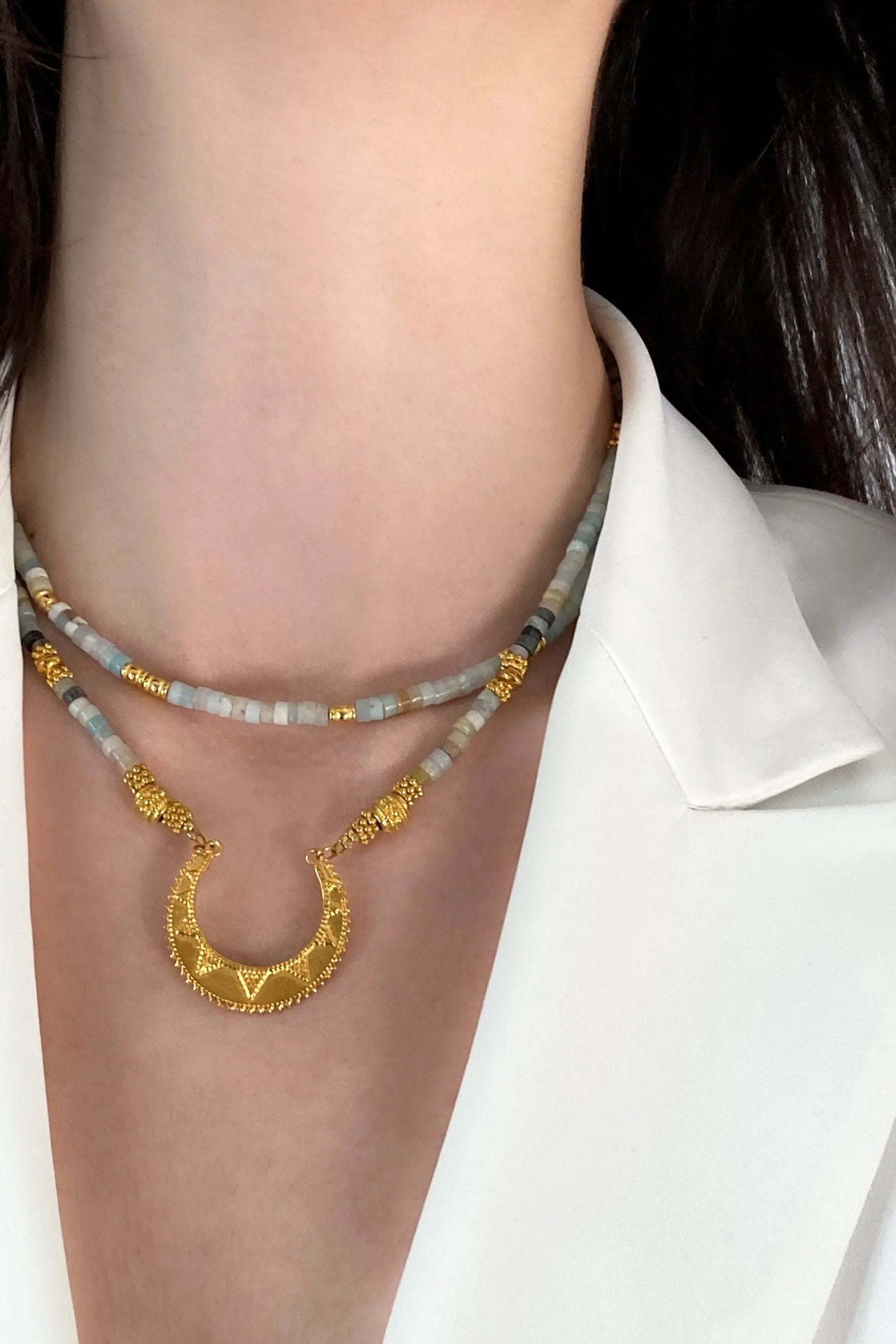 Heishi Necklace Amazonite Necklace with Gold Charm Statement Necklace Beaded Surfer Necklace Ancient Style Necklace Gift for her