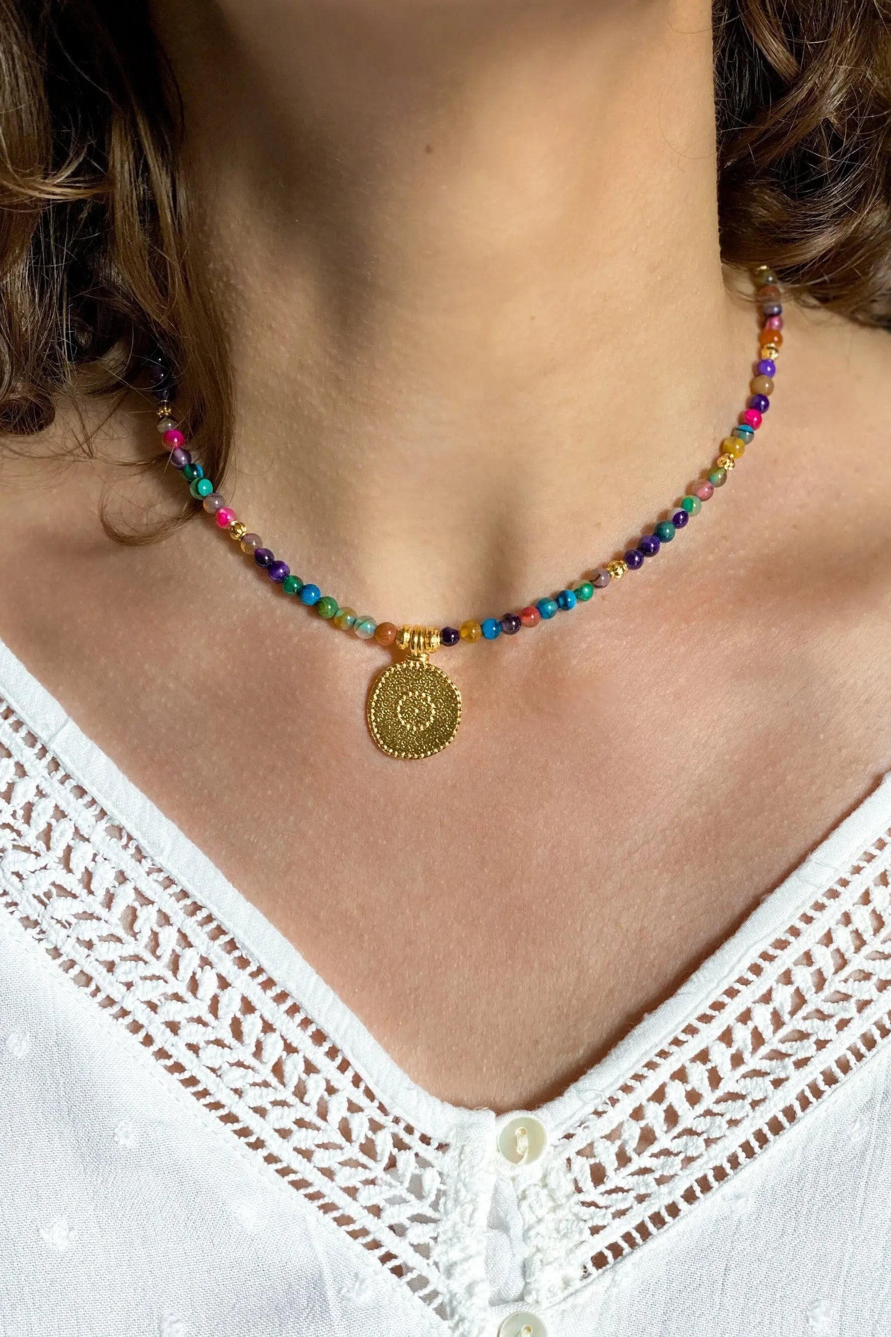 ALKYONI Heishi necklace with gold tribal pendant, Boho chic Agate Necklace, Evil eye choker, Collier pierre femme, Gift for her