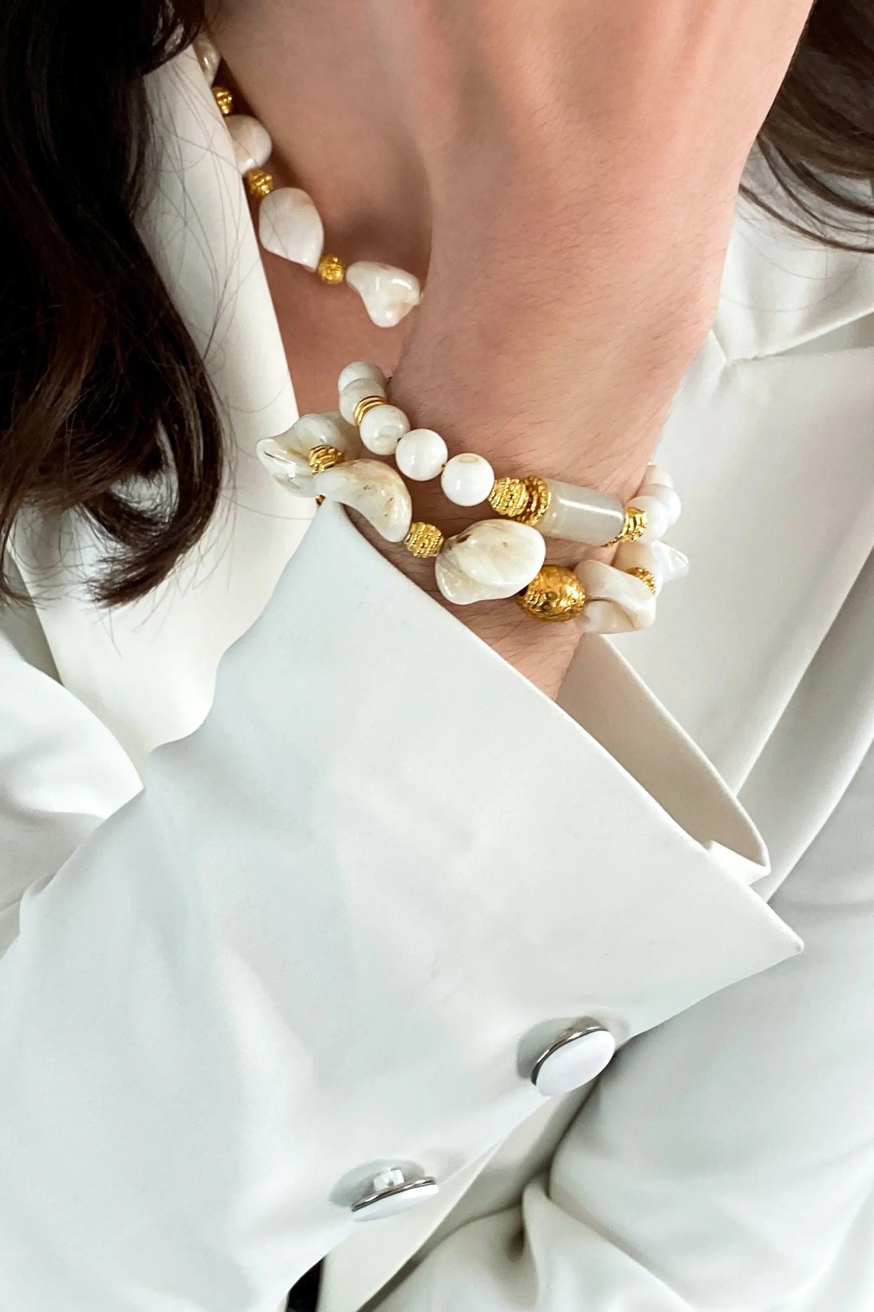 Jade & Coral Bracelet White Shell Bracelet Boho Chic Summer Bracelet for Woman Gift for Her, CELIA