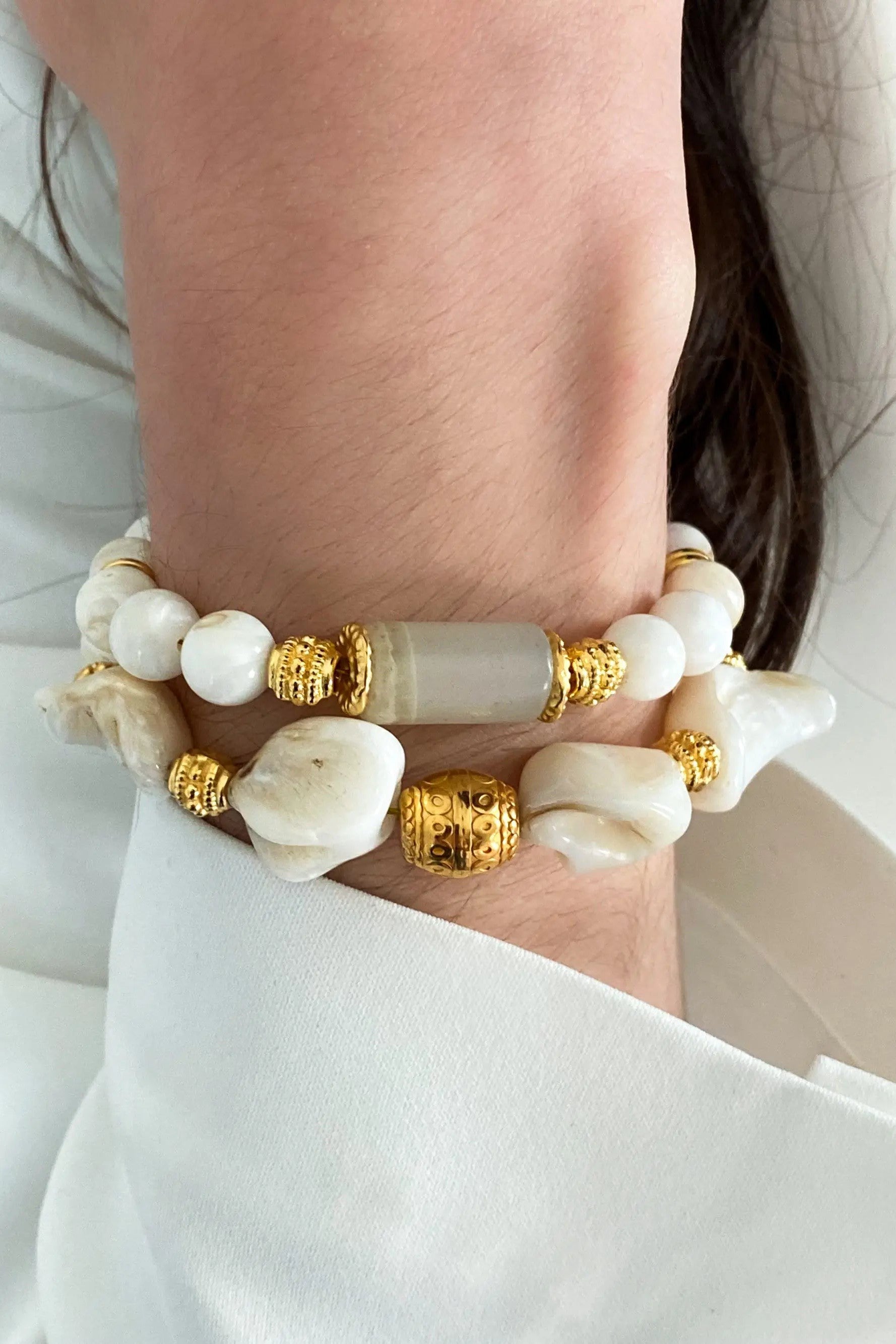 Jade & Coral Bracelet White Shell Bracelet Boho Chic Summer Bracelet for Woman Gift for Her, CELIA