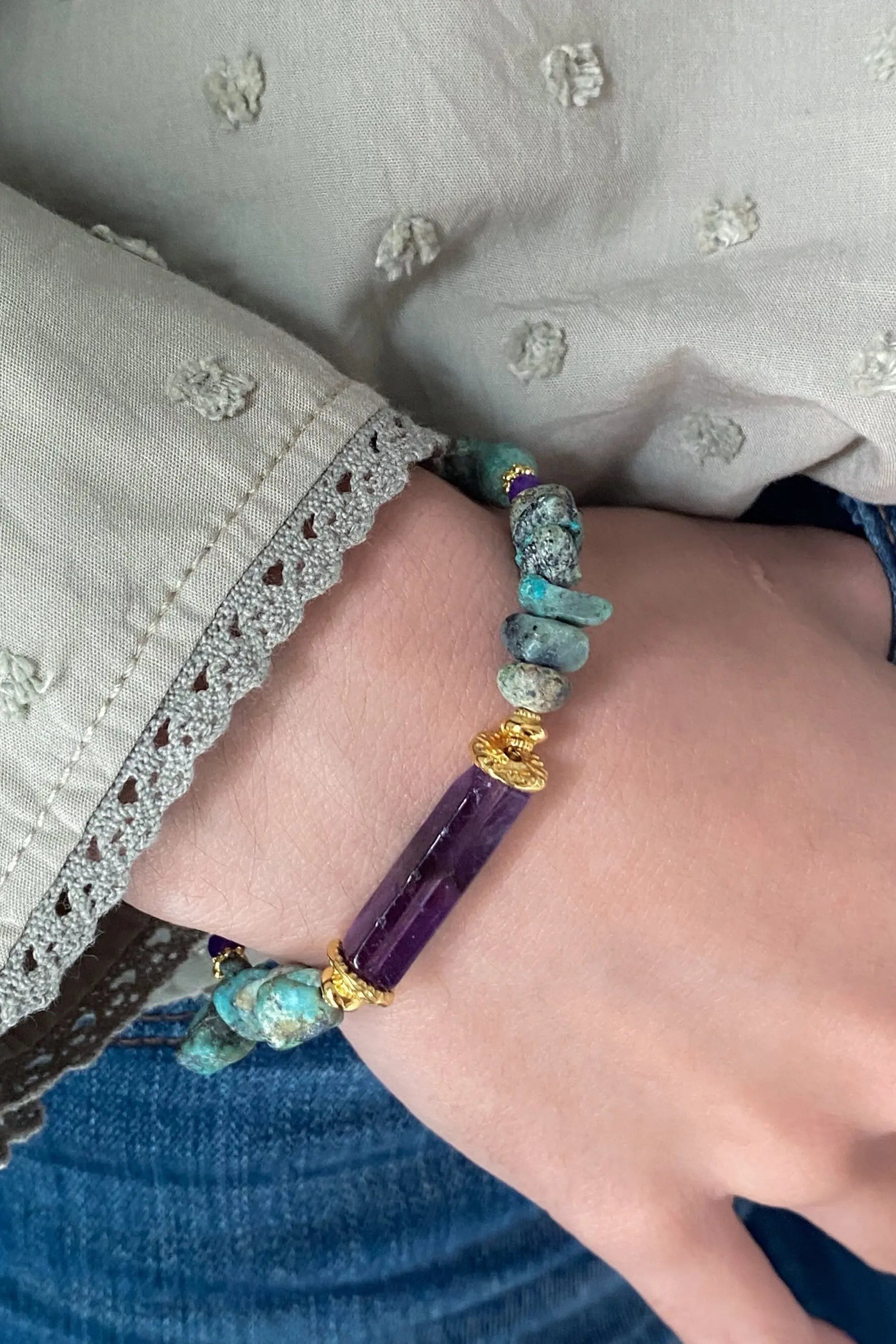 Turquoise & Amethyst Bracelet Heishi Gems Beaded Bracelet Boho Chic Bracelet for Woman Gift for Her, FRIDA