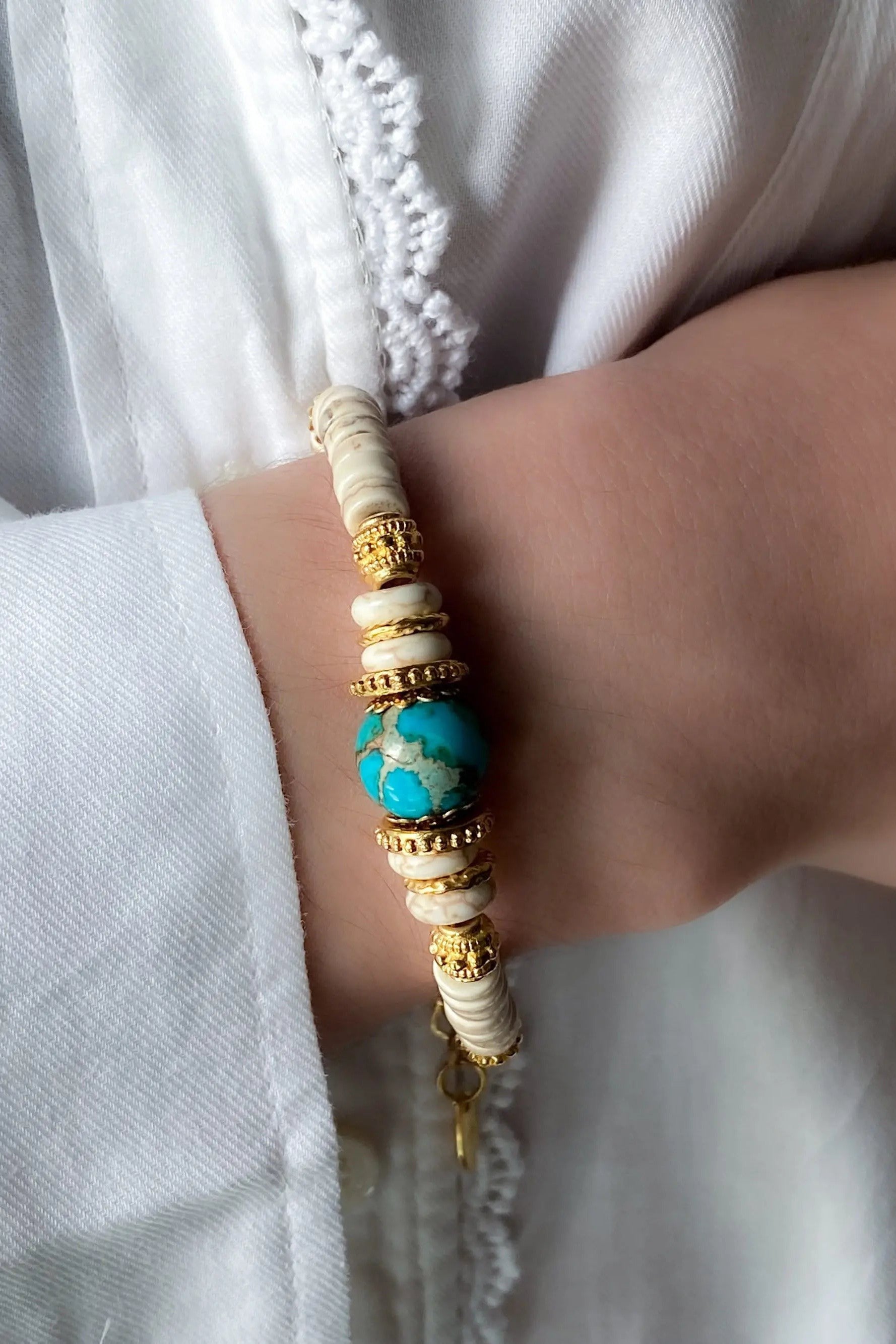 Turquoise & Jasper Bracelet Heishi Boho Chic Bracelet for Woman Gift for Girlfriend White Summer Bracelet, GAYA