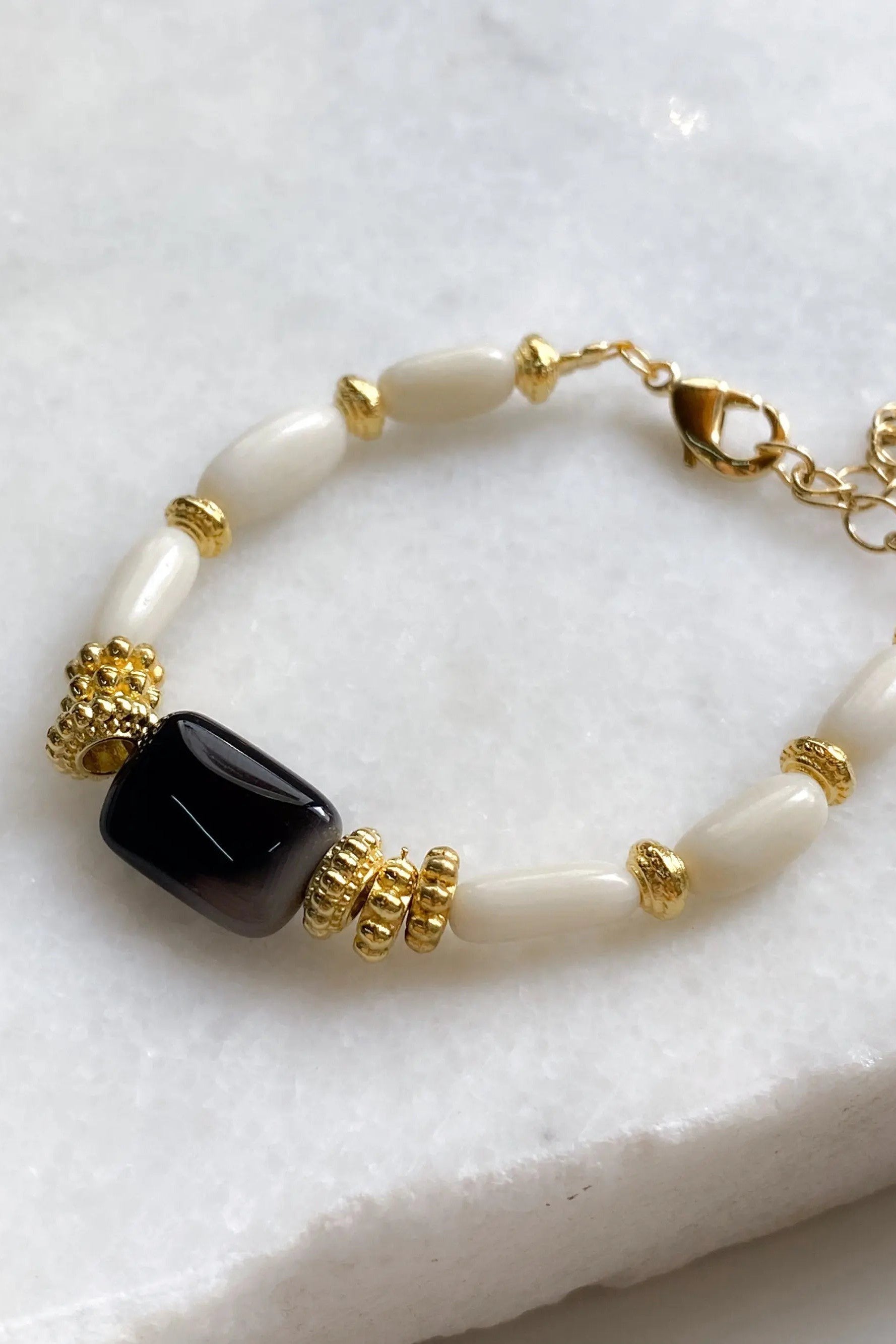 Birthday Gift Onyx & Coral Bracelet Gemstone Boho Chic Bracelet Delicate Women Bracelet Girlfriend Gift, HANA