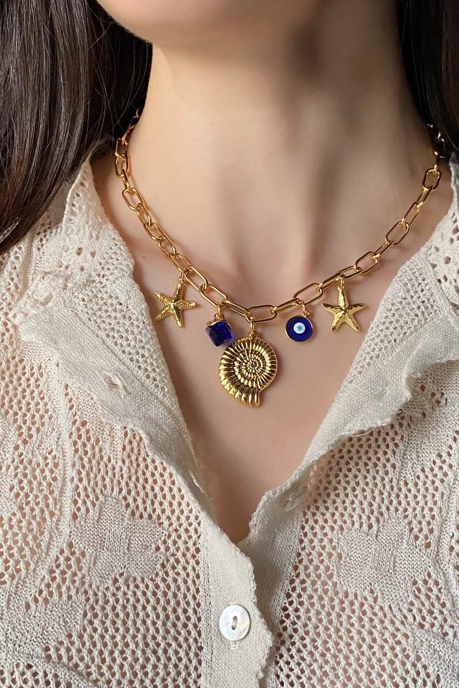 Gold Shell Necklace Evil Eye Charm Statement Necklace Chain Necklace Chunky Gold Starfish Pendant Beach Summer Gift for her, NIRIIDA