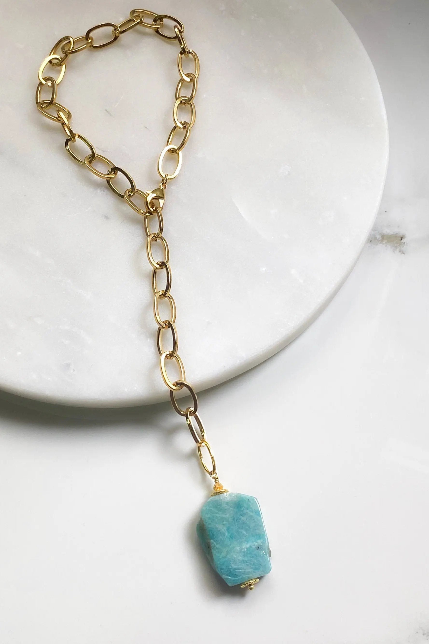 Big Stone Amazonite Necklace Blue Chunky Chain Lariat Necklace Gold Y necklace Summer Statement Necklace Anniversary Gift for Her, ALYZÉE