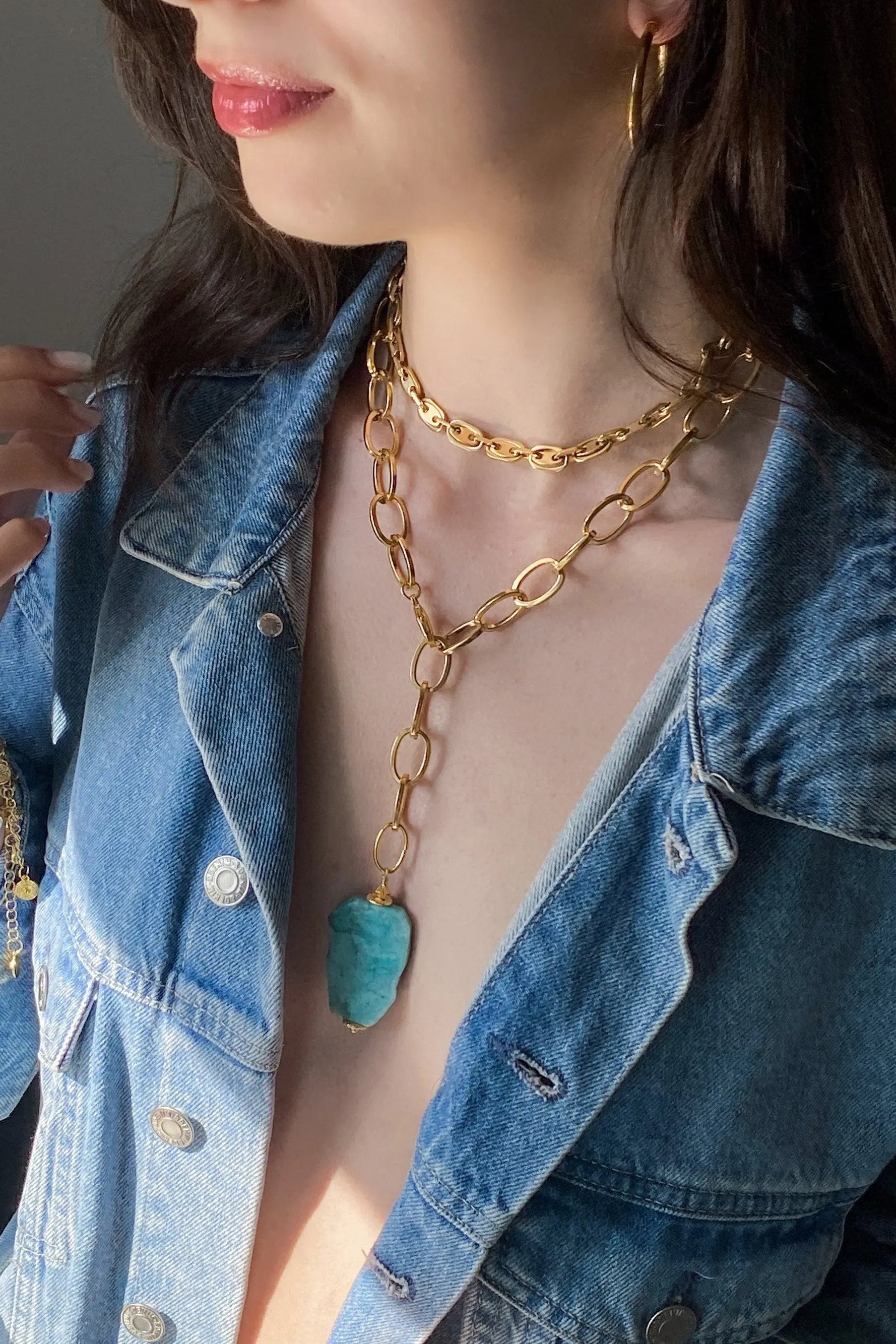 Big Stone Amazonite Necklace Blue Chunky Chain Lariat Necklace Gold Y necklace Summer Statement Necklace Anniversary Gift for Her, ALYZÉE