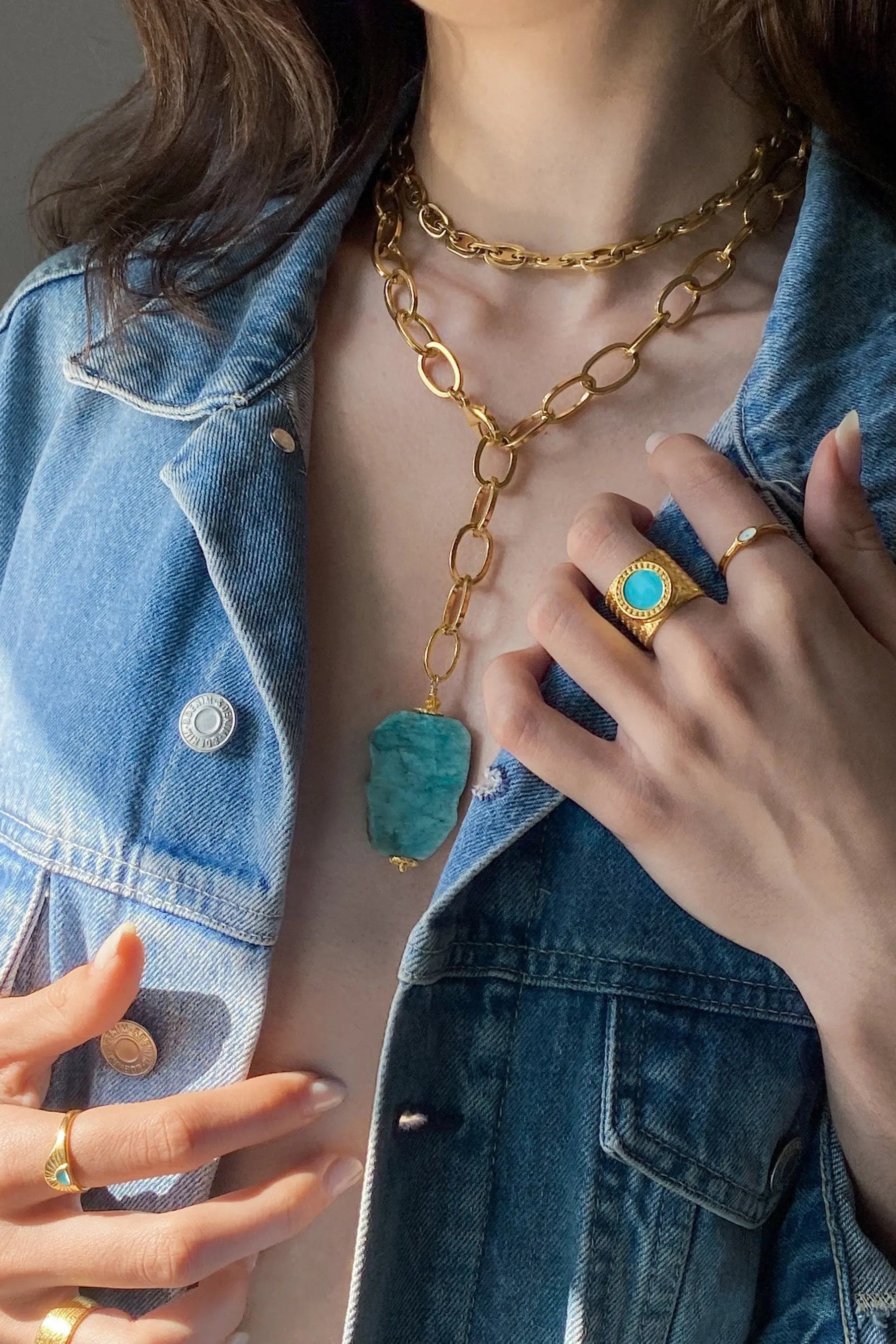 Big Stone Amazonite Necklace Blue Chunky Chain Lariat Necklace Gold Y necklace Summer Statement Necklace Anniversary Gift for Her, ALYZÉE