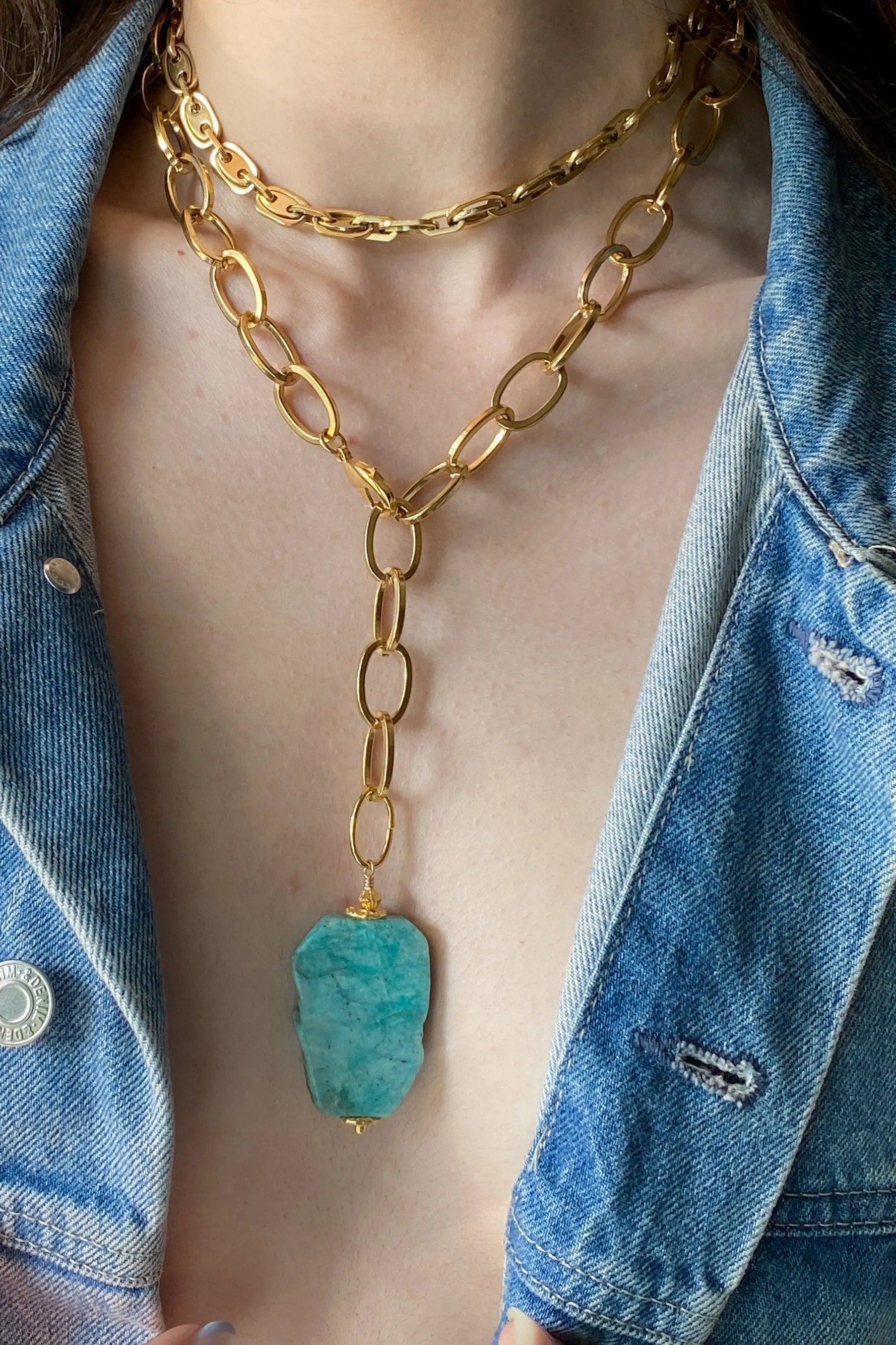 Big Stone Amazonite Necklace Blue Chunky Chain Lariat Necklace Gold Y necklace Summer Statement Necklace Anniversary Gift for Her, ALYZÉE