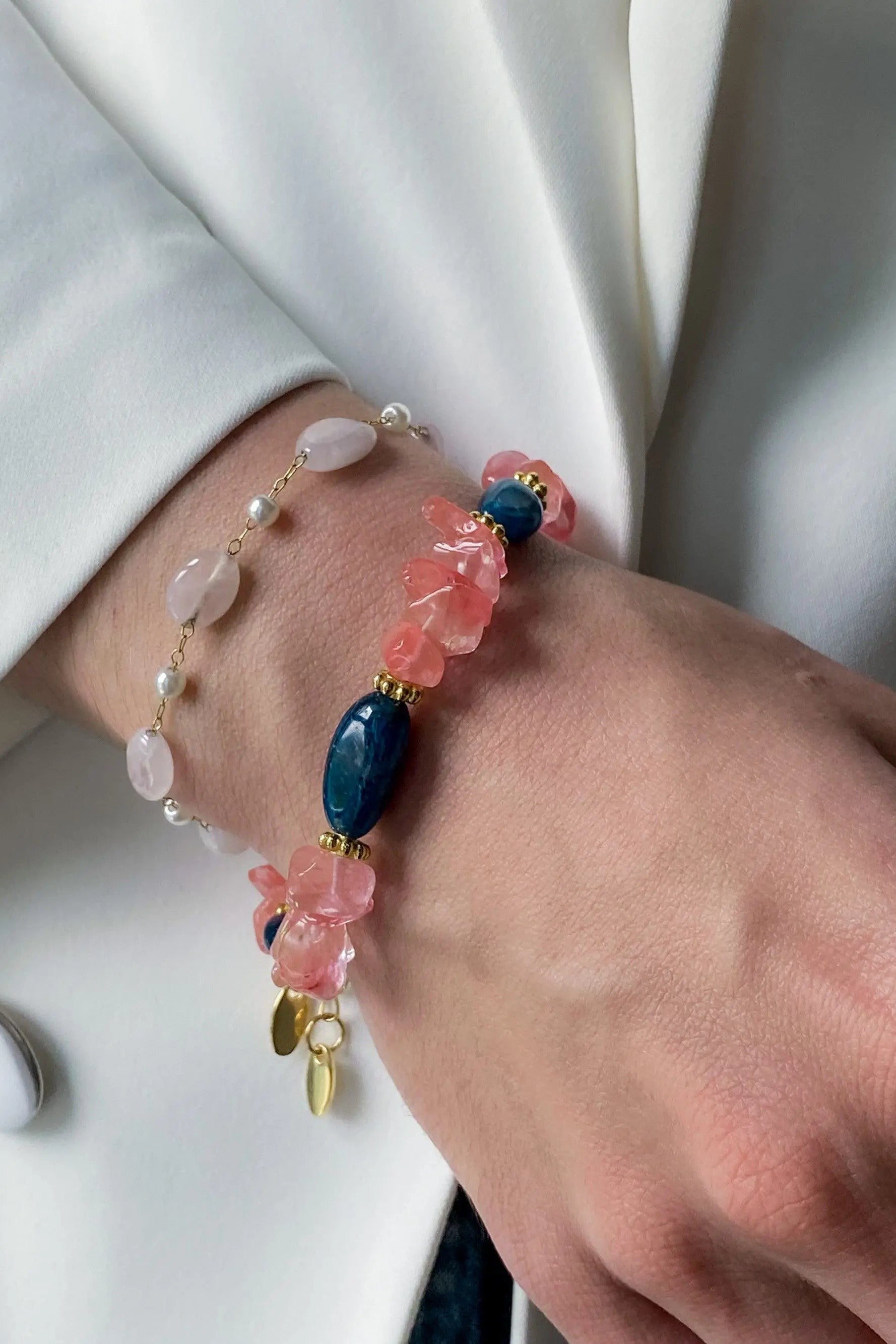Birthday Gift Pink Tourmaline & Blue Agate Bracelet Crystal Heishi Bracelet Boho Chic Bracelet for Woman Gift for Mum, MAYA
