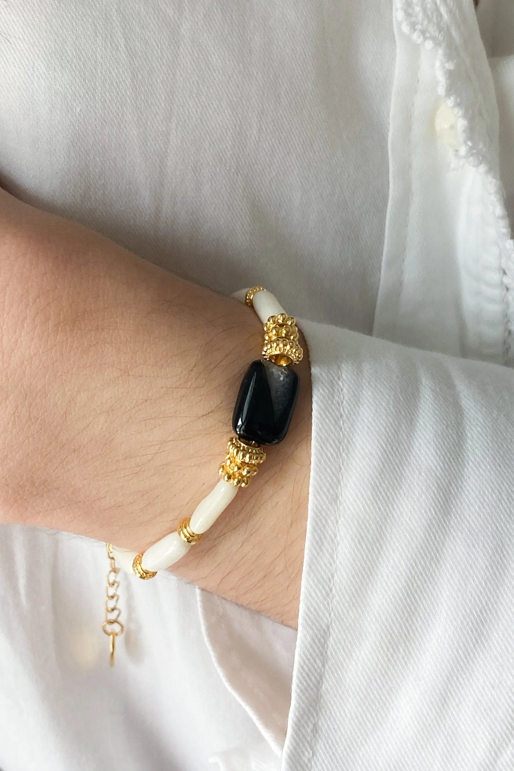 Birthday Gift Onyx & Coral Bracelet Gemstone Boho Chic Bracelet Delicate Women Bracelet Girlfriend Gift, HANA