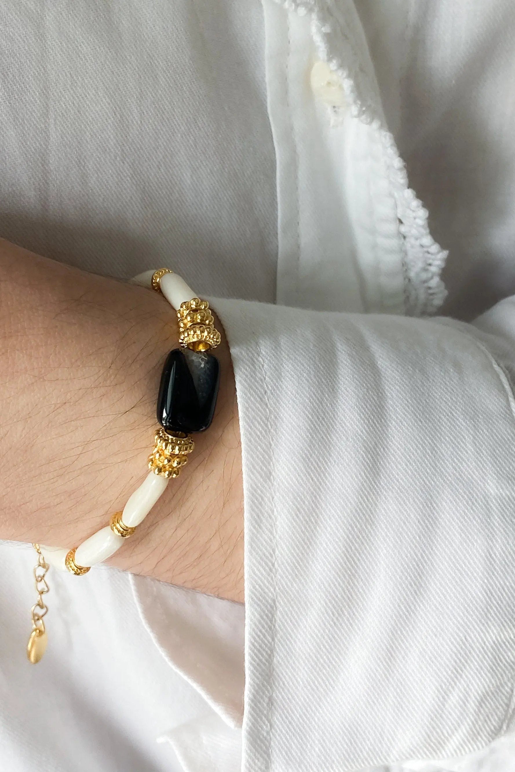 Birthday Gift Onyx & Coral Bracelet Gemstone Boho Chic Bracelet Delicate Women Bracelet Girlfriend Gift, HANA
