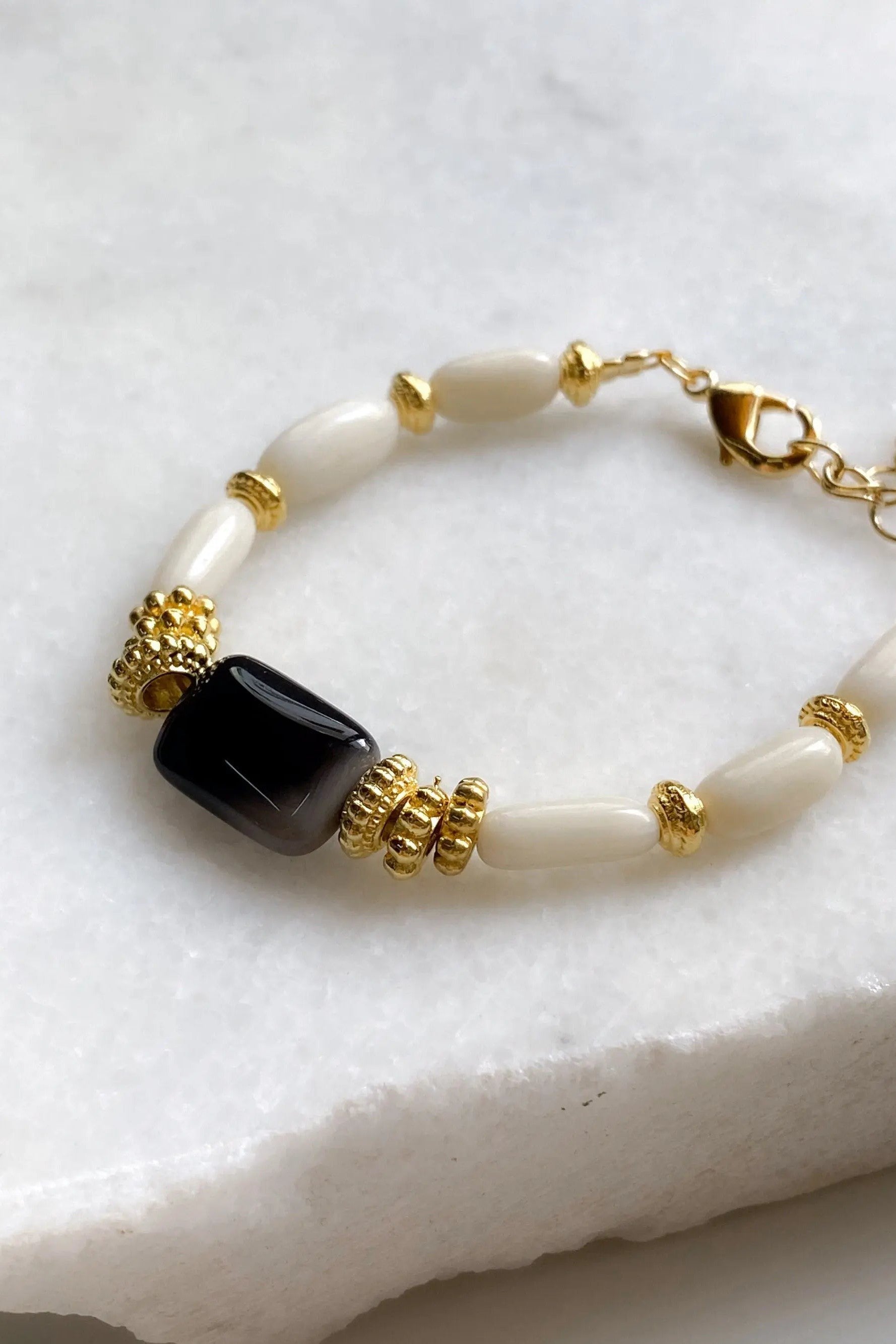 Birthday Gift Onyx & Coral Bracelet Gemstone Boho Chic Bracelet Delicate Women Bracelet Girlfriend Gift, HANA