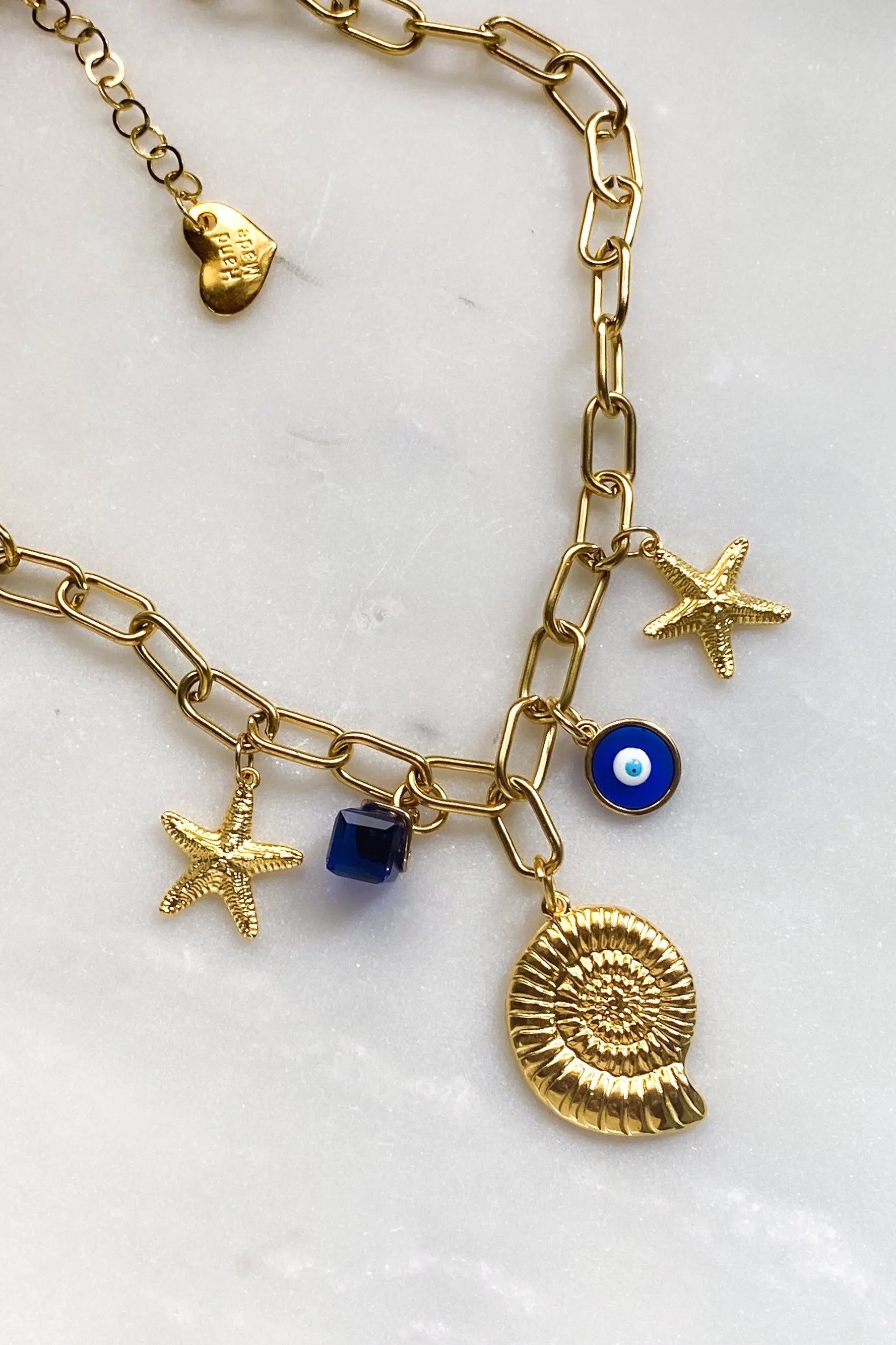Gold Shell Necklace Evil Eye Charm Statement Necklace Chain Necklace Chunky Gold Starfish Pendant Beach Summer Gift for her, NIRIIDA