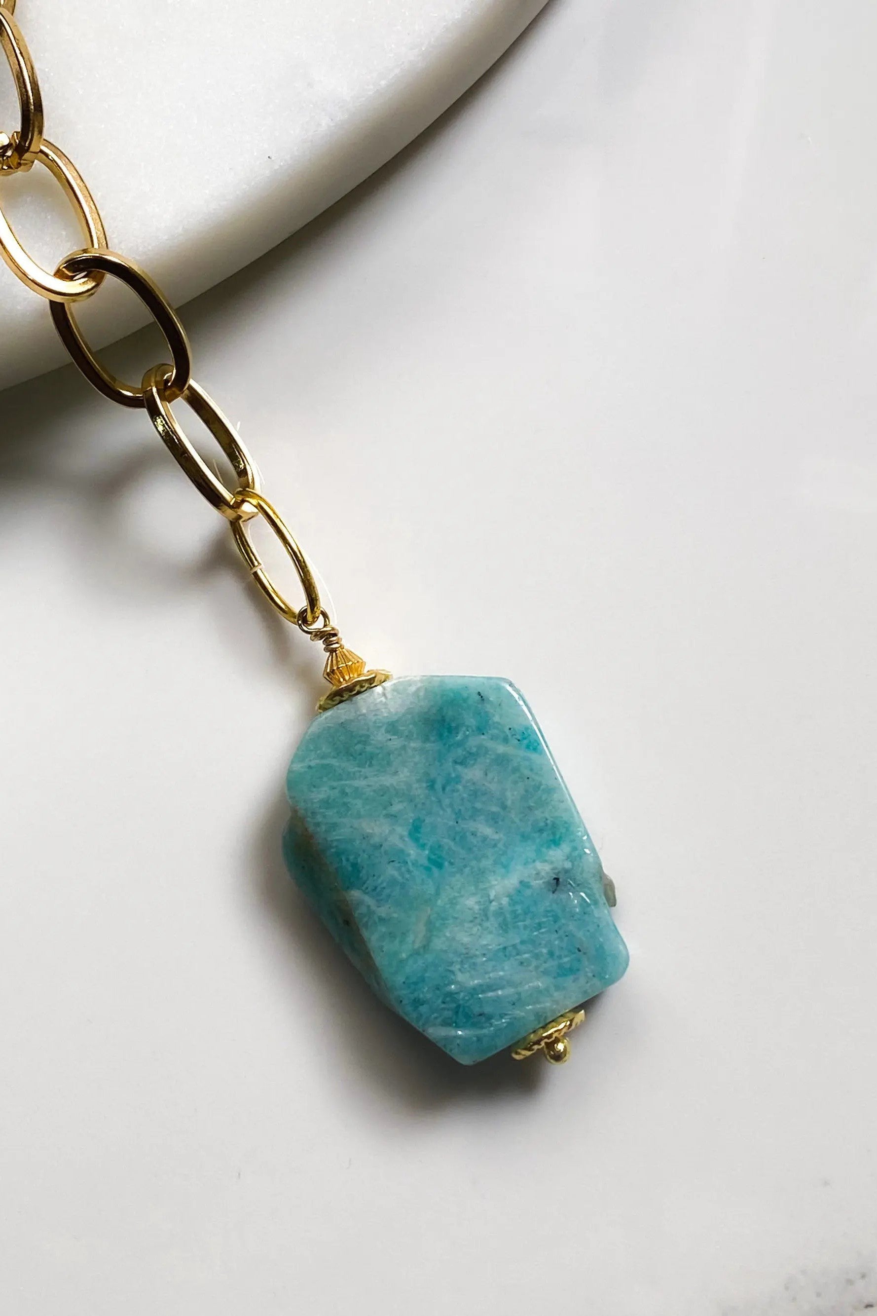 Big Stone Amazonite Necklace Blue Chunky Chain Lariat Necklace Gold Y necklace Summer Statement Necklace Anniversary Gift for Her, ALYZÉE