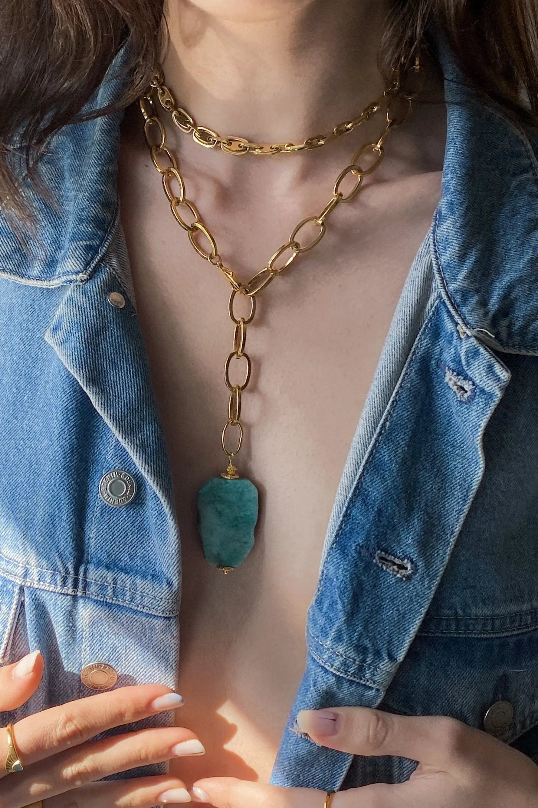 Big Stone Amazonite Necklace Blue Chunky Chain Lariat Necklace Gold Y necklace Summer Statement Necklace Anniversary Gift for Her, ALYZÉE