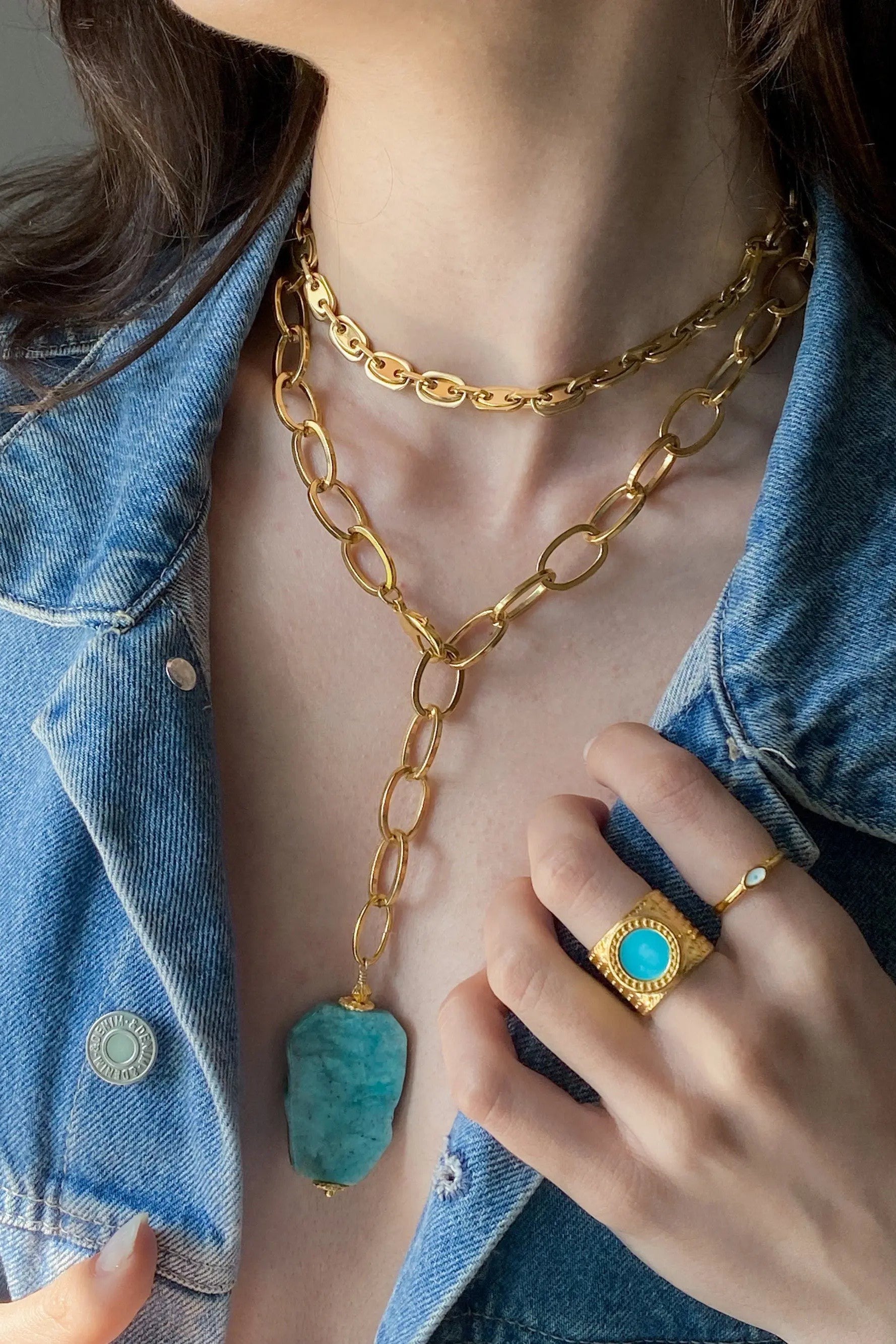Big Stone Amazonite Necklace Blue Chunky Chain Lariat Necklace Gold Y necklace Summer Statement Necklace Anniversary Gift for Her, ALYZÉE