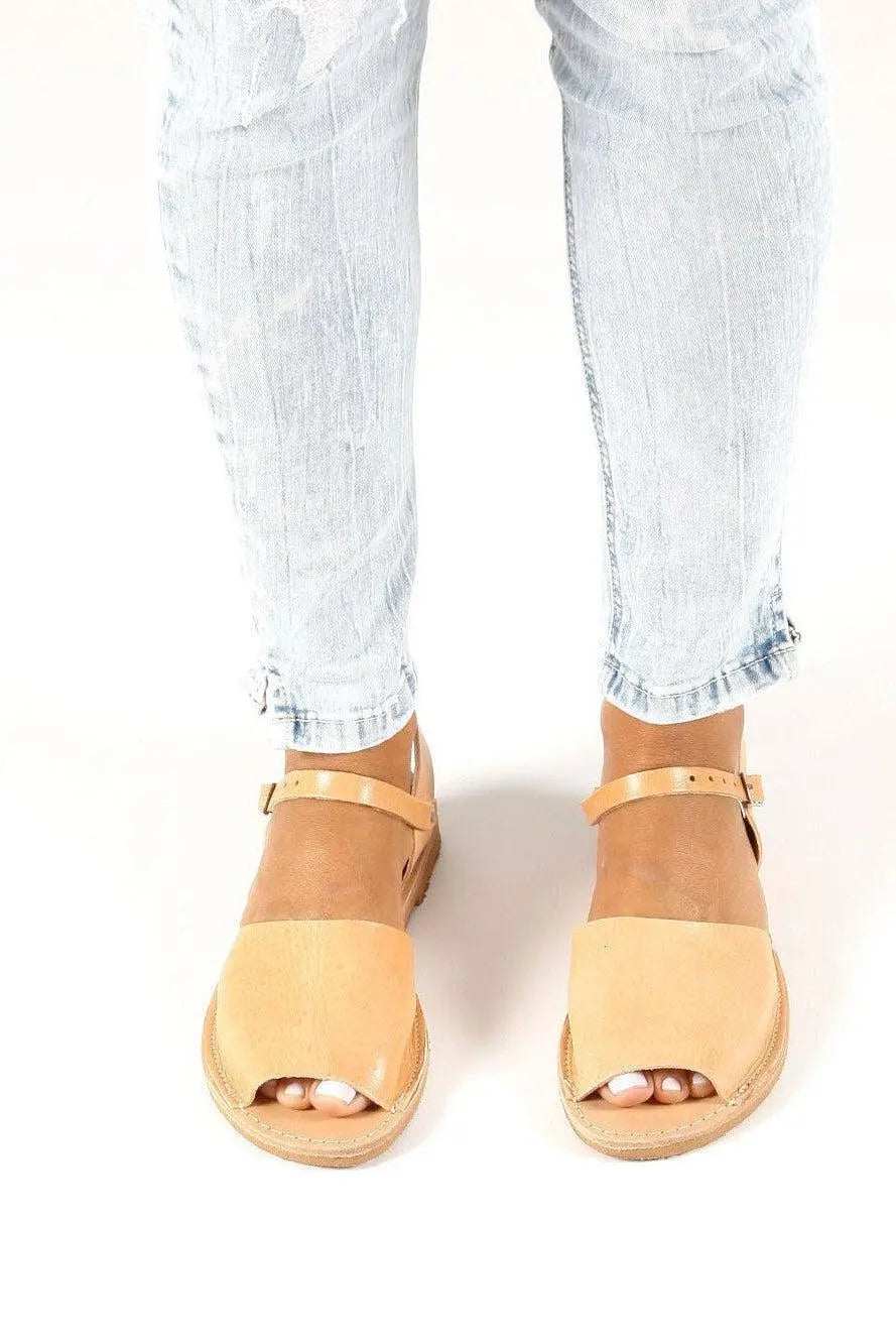 CLEO Handmade Greek Sandals in natural tan leather with wide toe straps, slim ankle straps and flat soles