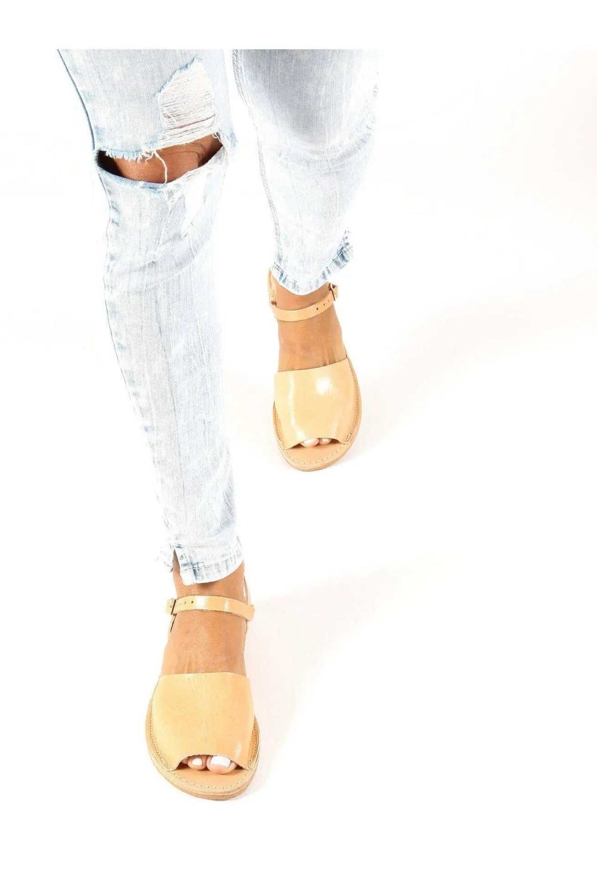 CLEO Handmade Greek Sandals in natural tan leather with smooth wide toe straps, ankle straps and flat soles
