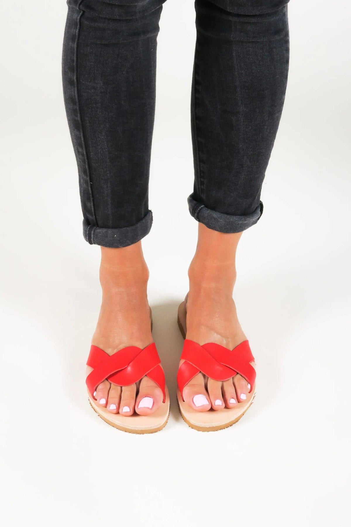 CYNTHIA Handmade Greek Sandals in bright red leather with crossed straps and open toes