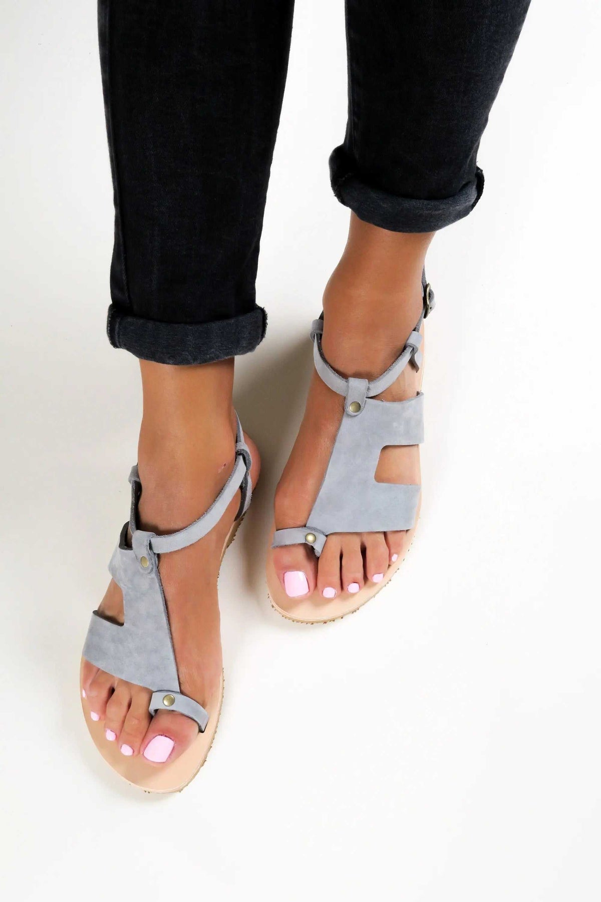 DELOS Handmade Greek Sandals in pale grey leather with T-bar straps, ankle buckles and natural leather soles