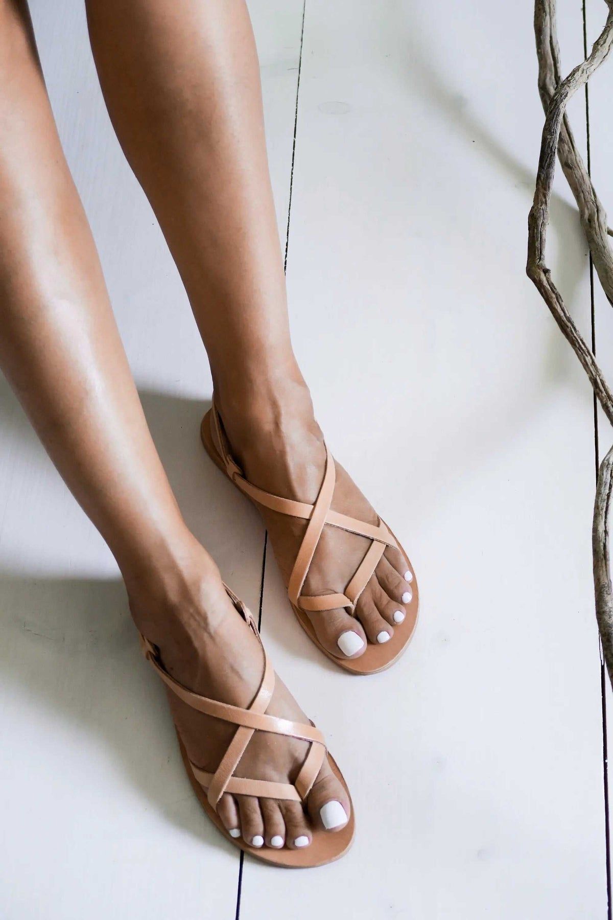DONOUSSA Handmade Greek Sandals in natural tan leather with slim crossed straps and open toes