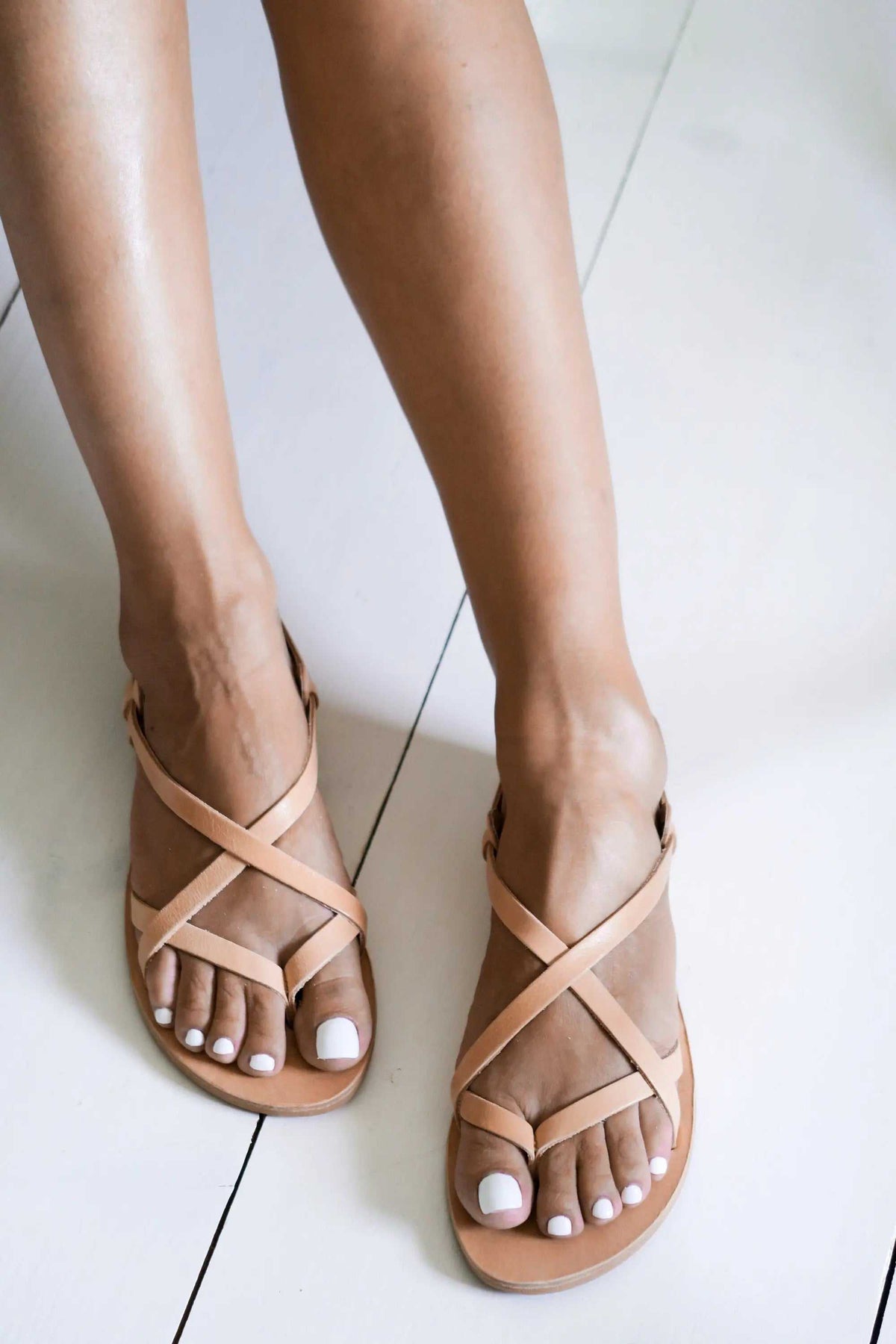 DONOUSSA Handmade Greek Sandals in natural tan leather with crossed ankle straps and open toes