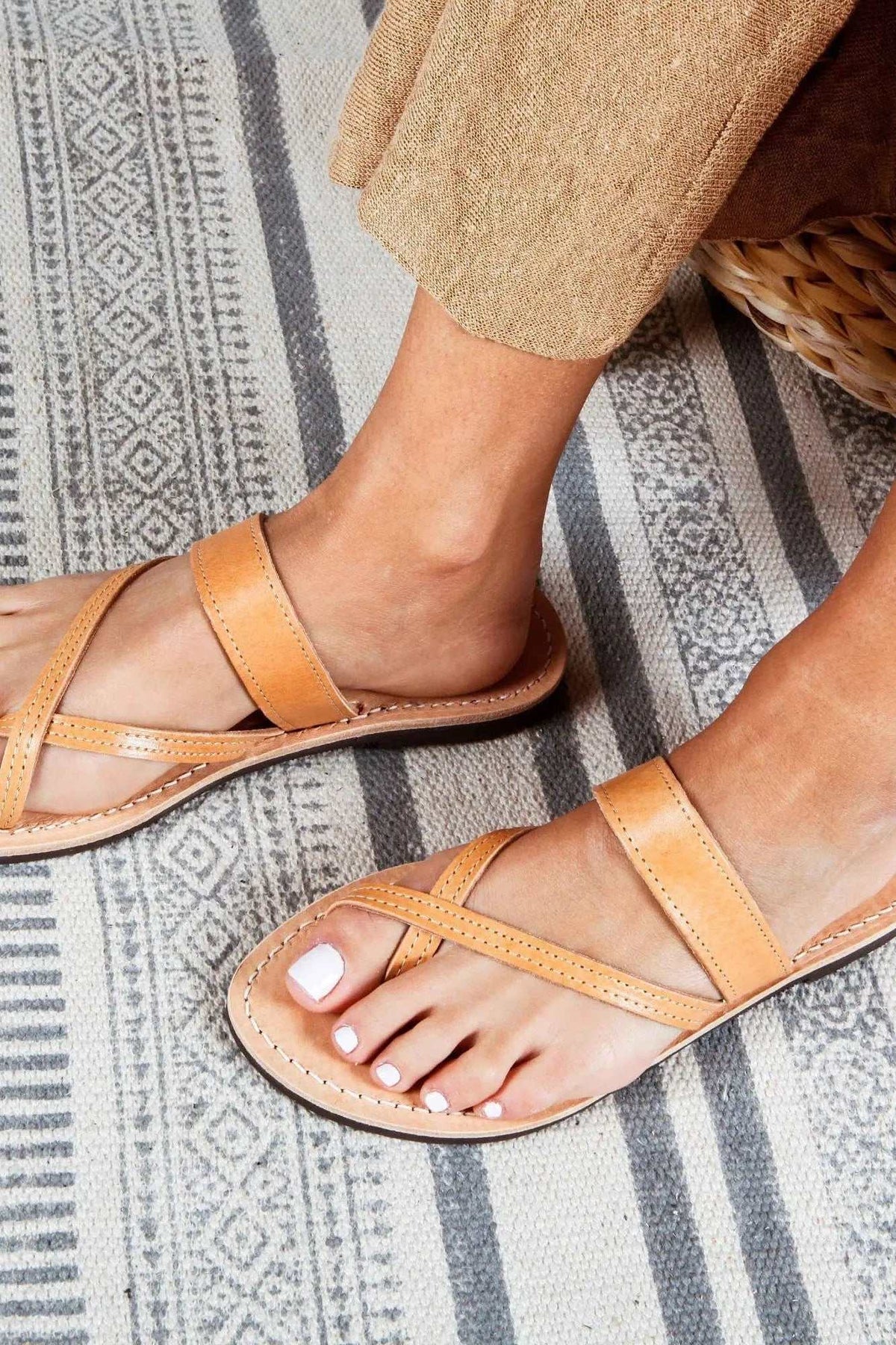 EGINA Handmade Greek Sandals in natural tan leather with slim crossed straps, stitched edges and open toes