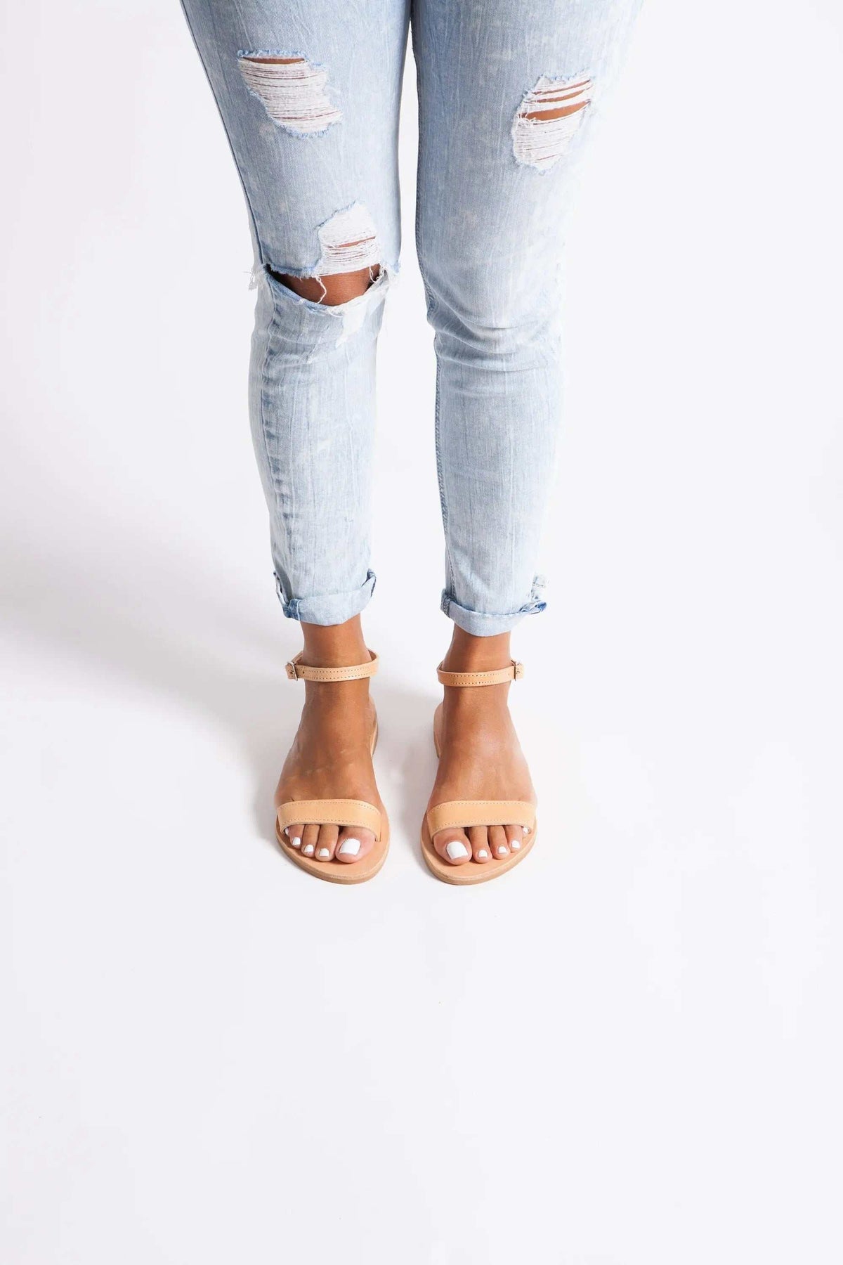 ELIA Handmade Greek Sandals in natural tan leather with slim straps, ankle buckles and open toes
