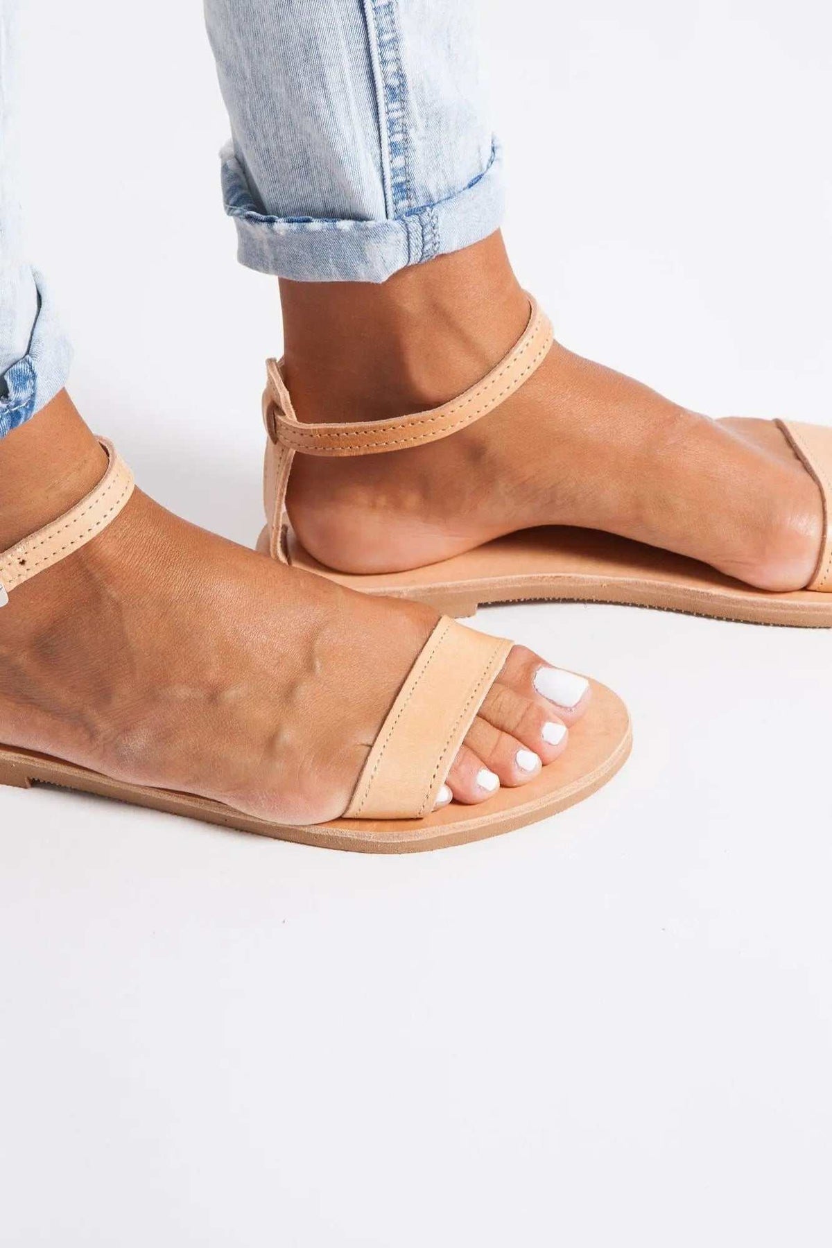 ELIA Handmade Greek Sandals in tan leather with slim toe and ankle straps, open toes and flat soles