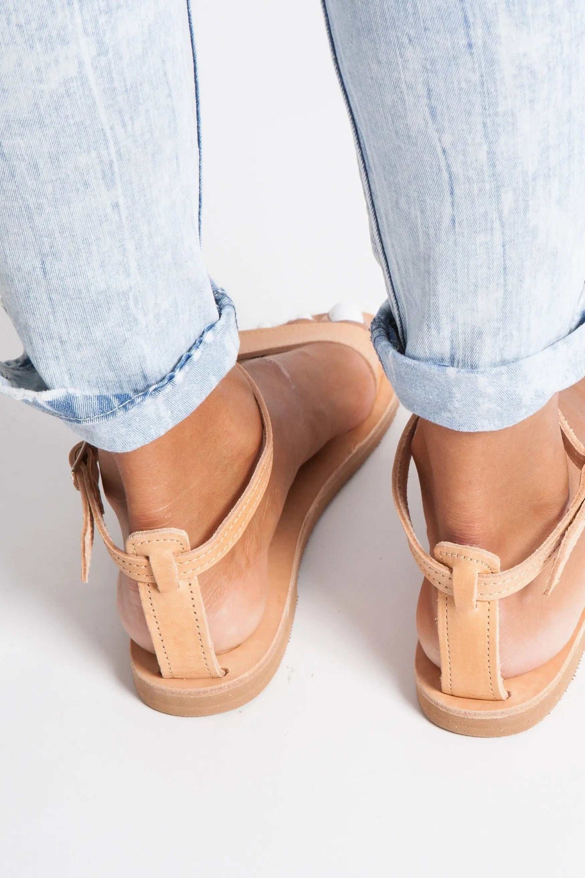 ELIA Handmade Greek Sandals in natural tan leather with slim straps, back heel loops and flat rubber soles