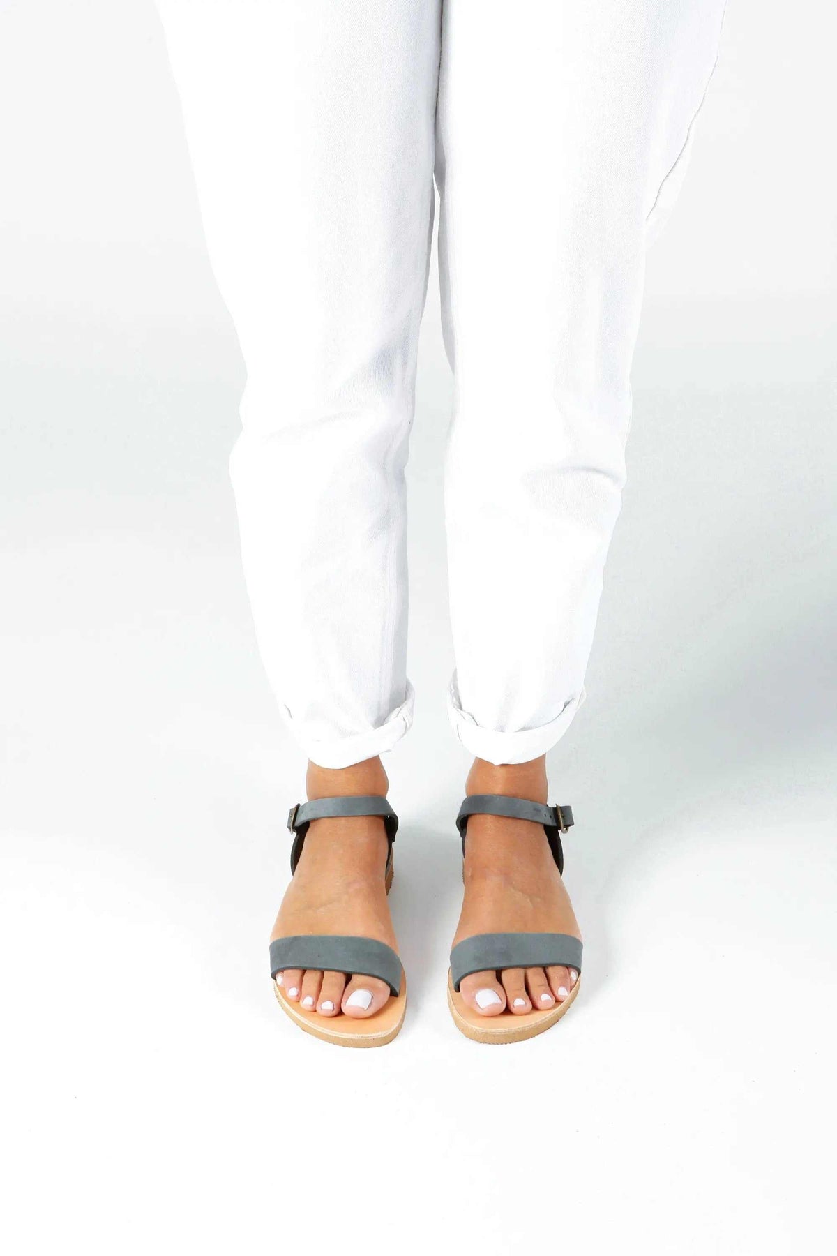 ELOUNDA Handmade Greek Sandals in grey leather with multiple straps and natural leather soles