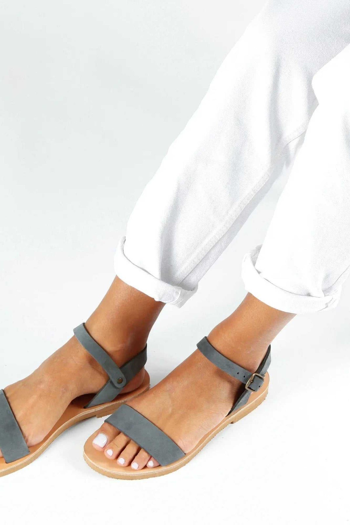 ELOUNDA Handmade Greek Sandals in grey leather with multiple straps, buckles and flat rubber soles