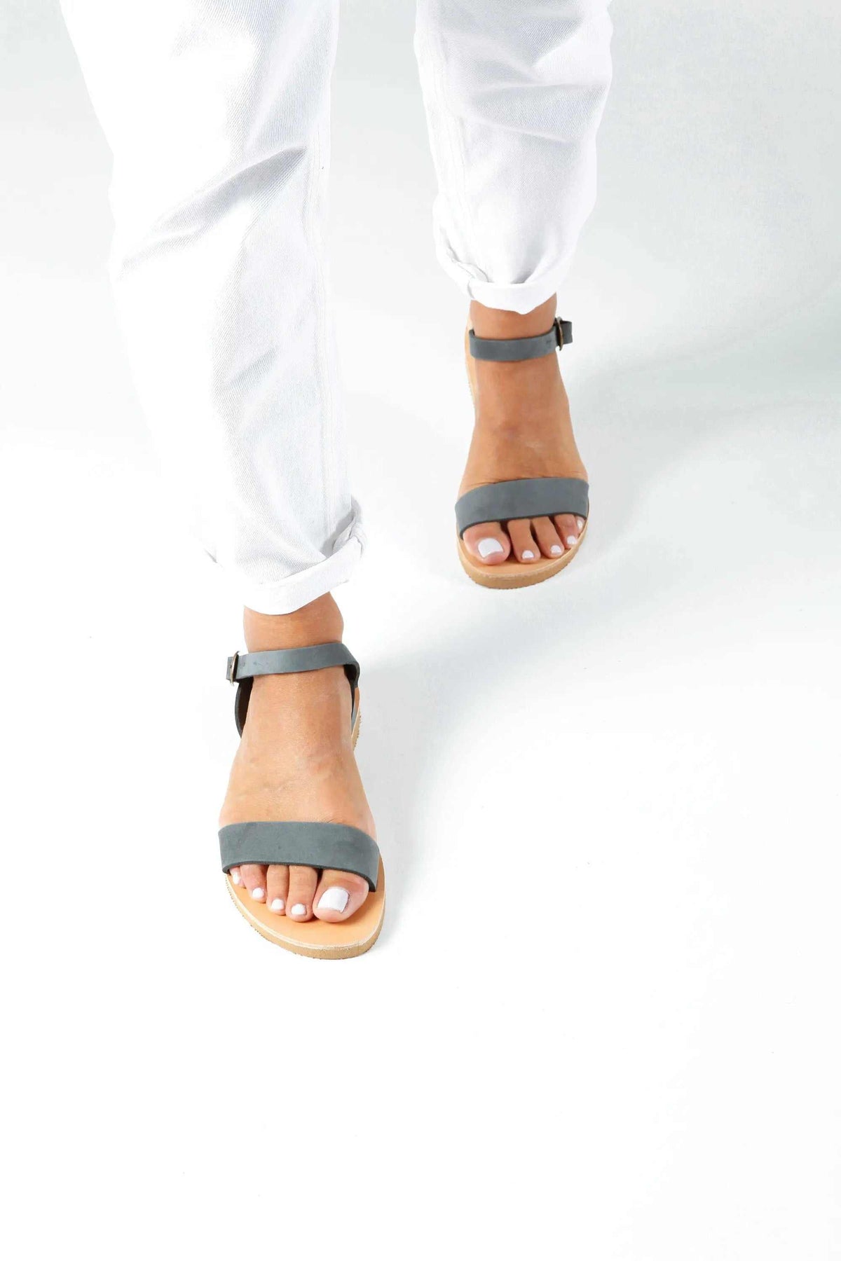 ELOUNDA Handmade Greek Sandals, grey leather two-strap sandals with ankle buckles and cork-style soles
