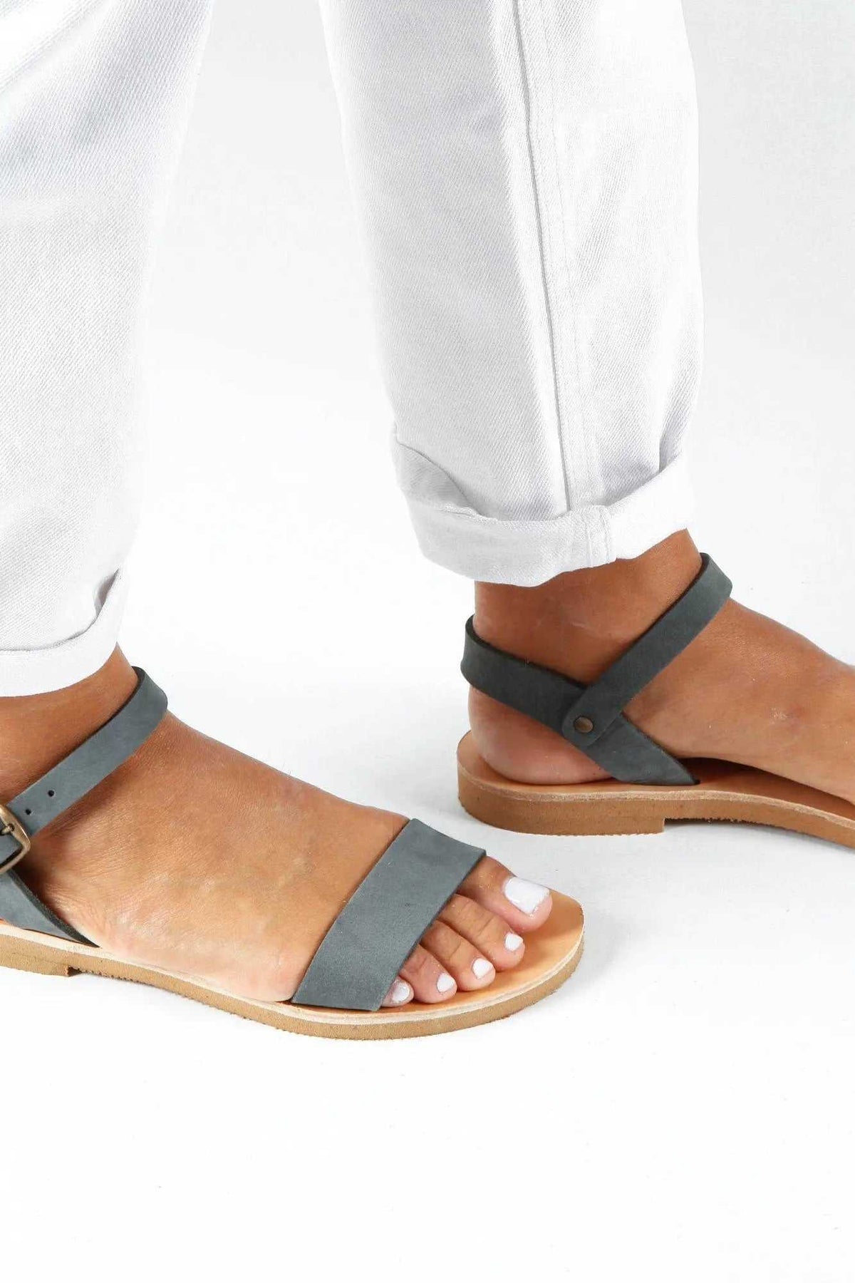 ELOUNDA Handmade Greek Sandals in tan leather with grey multiple straps and open-toe design