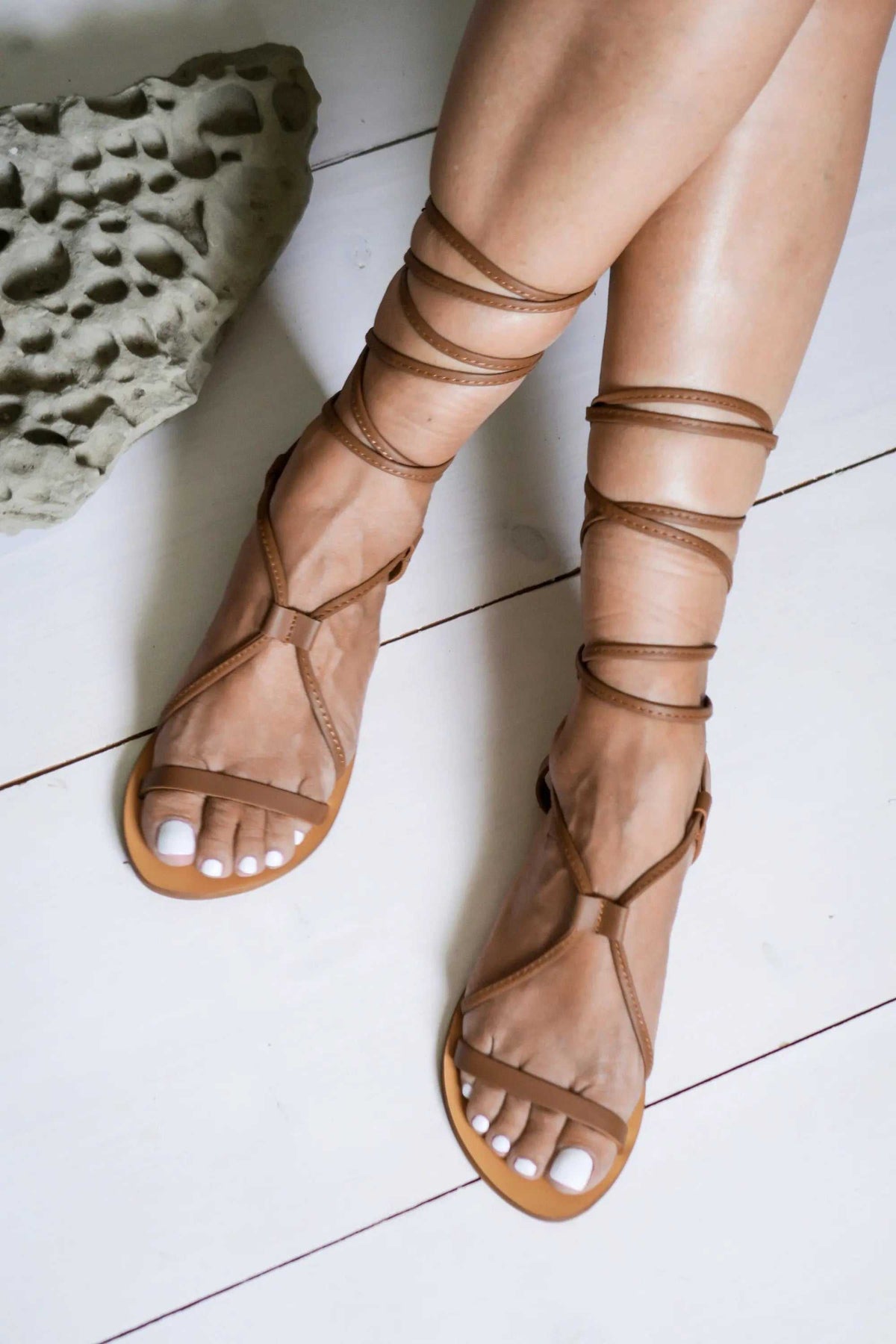FISKARDO Handmade Greek Sandals in brown leather with wraparound gladiator straps and open toes