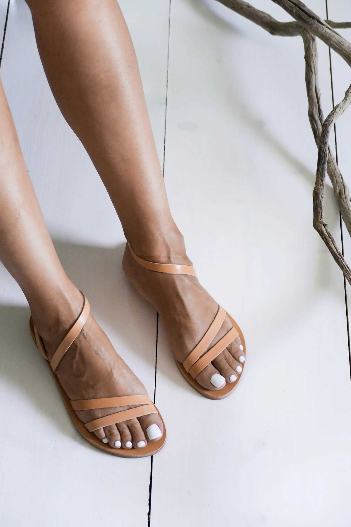 FOLEGANDROS Handmade Greek Sandals in tan leather with slim straps and open-toe design