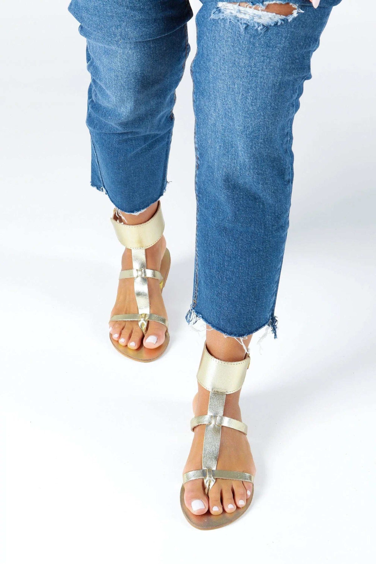 IFESTOS Handmade Greek Sandals, natural leather ankle cuff sandals with metallic gold and silver straps