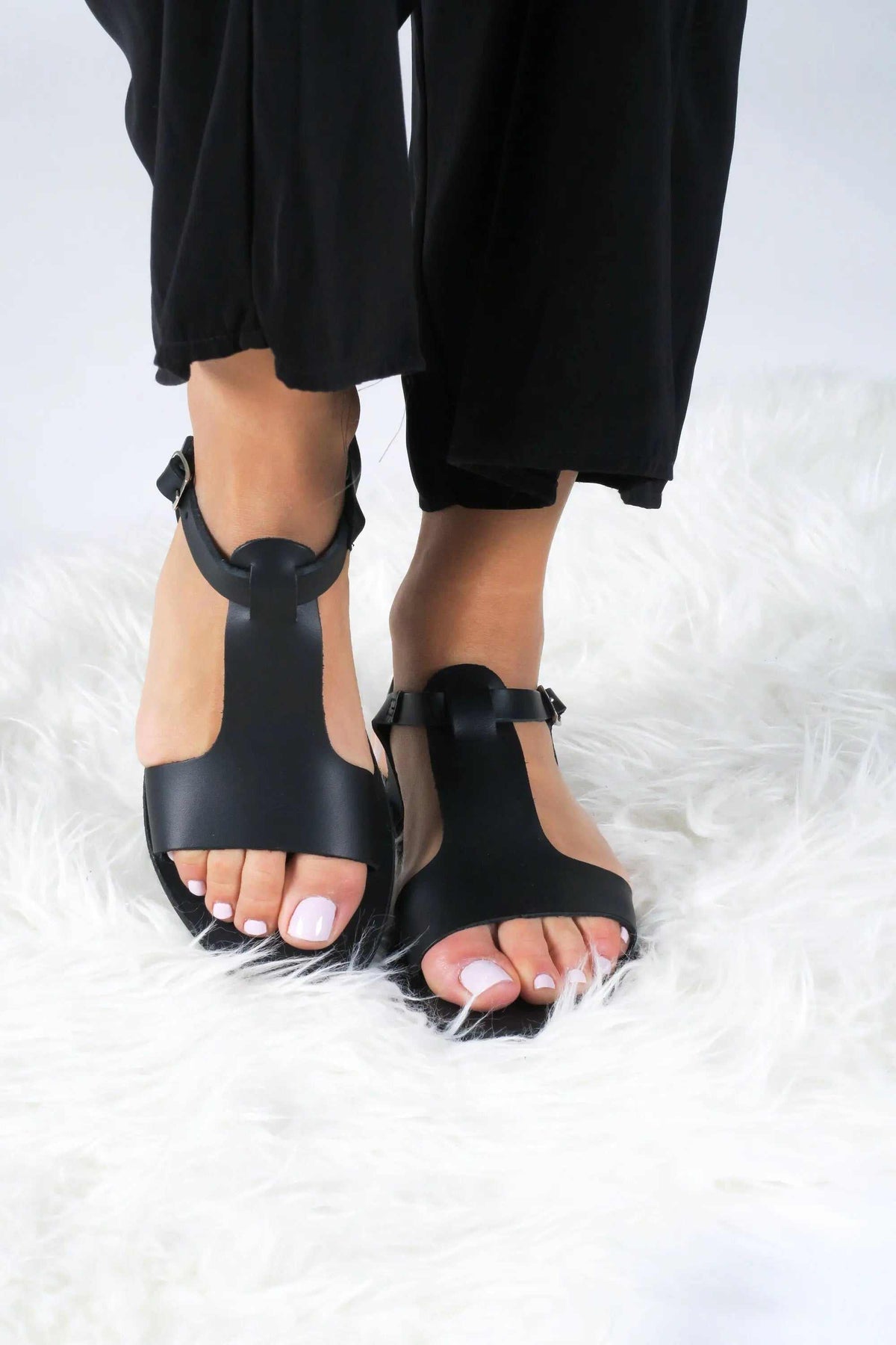 IFIGENE Handmade Greek Sandals in black leather with strappy T-bar design and open toes