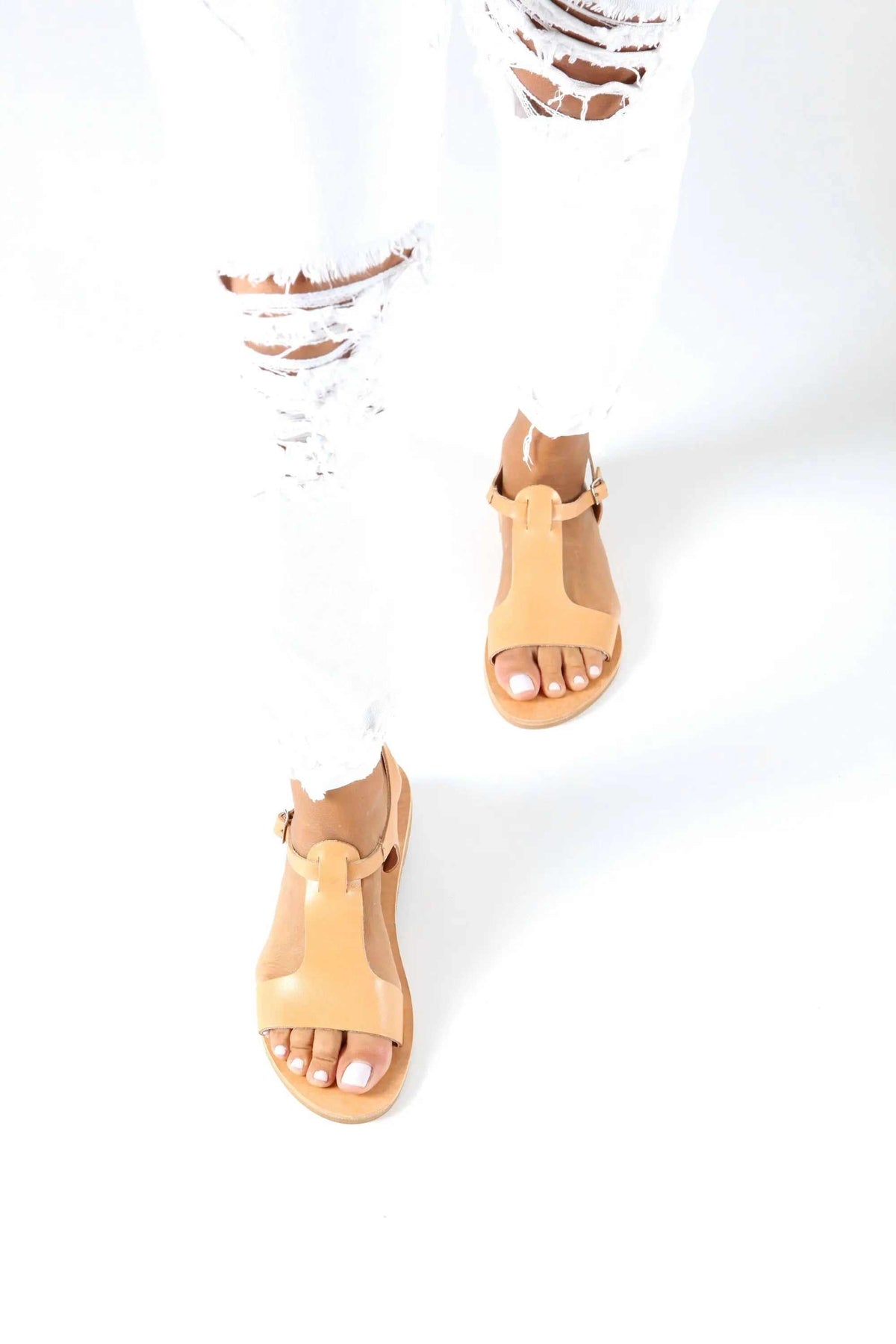 IFIGENE Handmade Greek Sandals in natural tan leather with strappy design, ankle buckle and open toes
