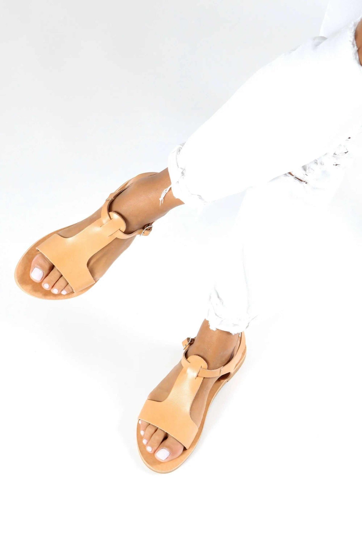 IFIGENE Handmade Greek Sandals in tan leather with strappy cutout design and open toes