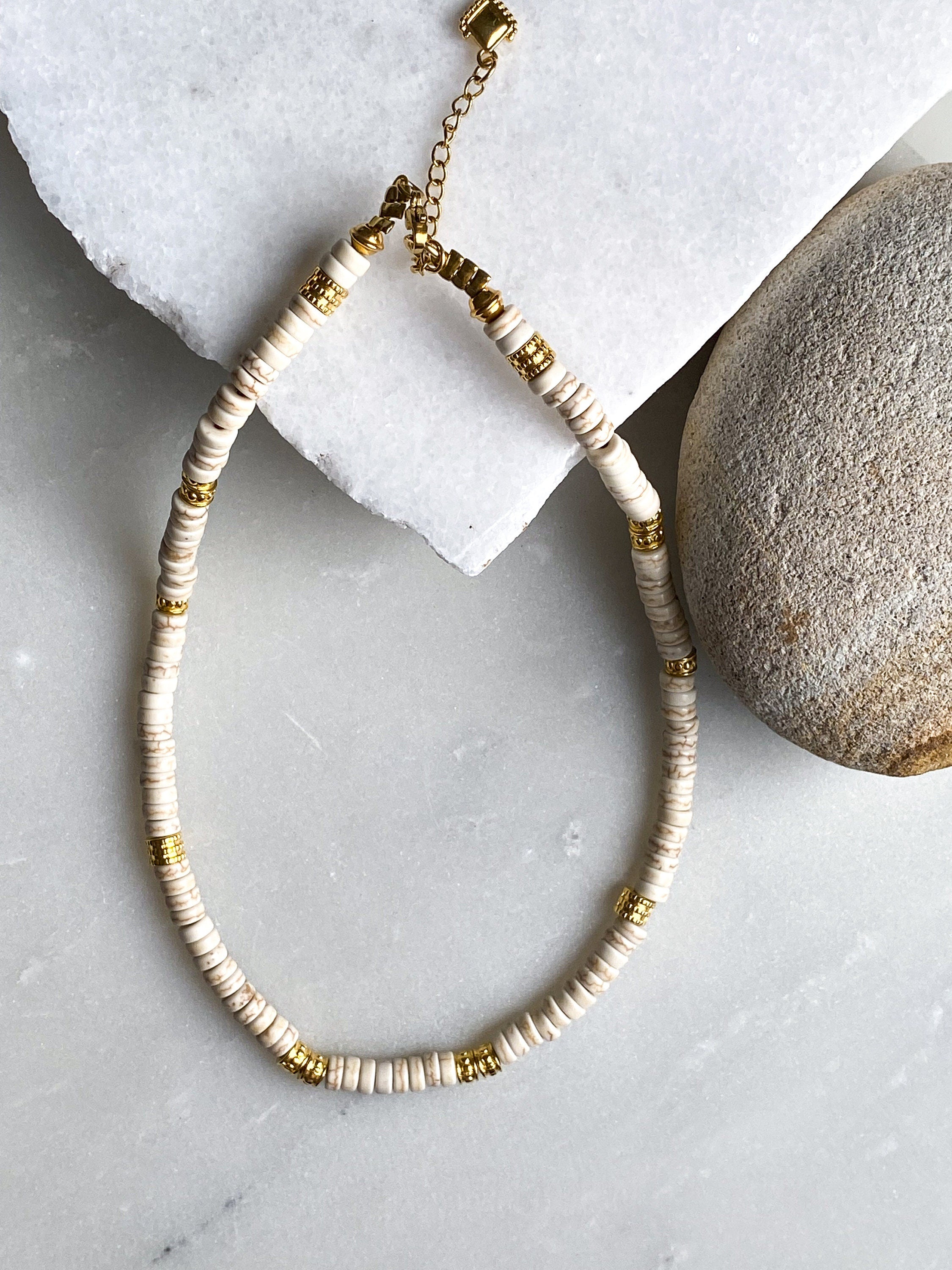White heishi necklace, Birthday Gift for girlfriend, Summer festival beach necklace, Howlite birthstone necklace, ALKI