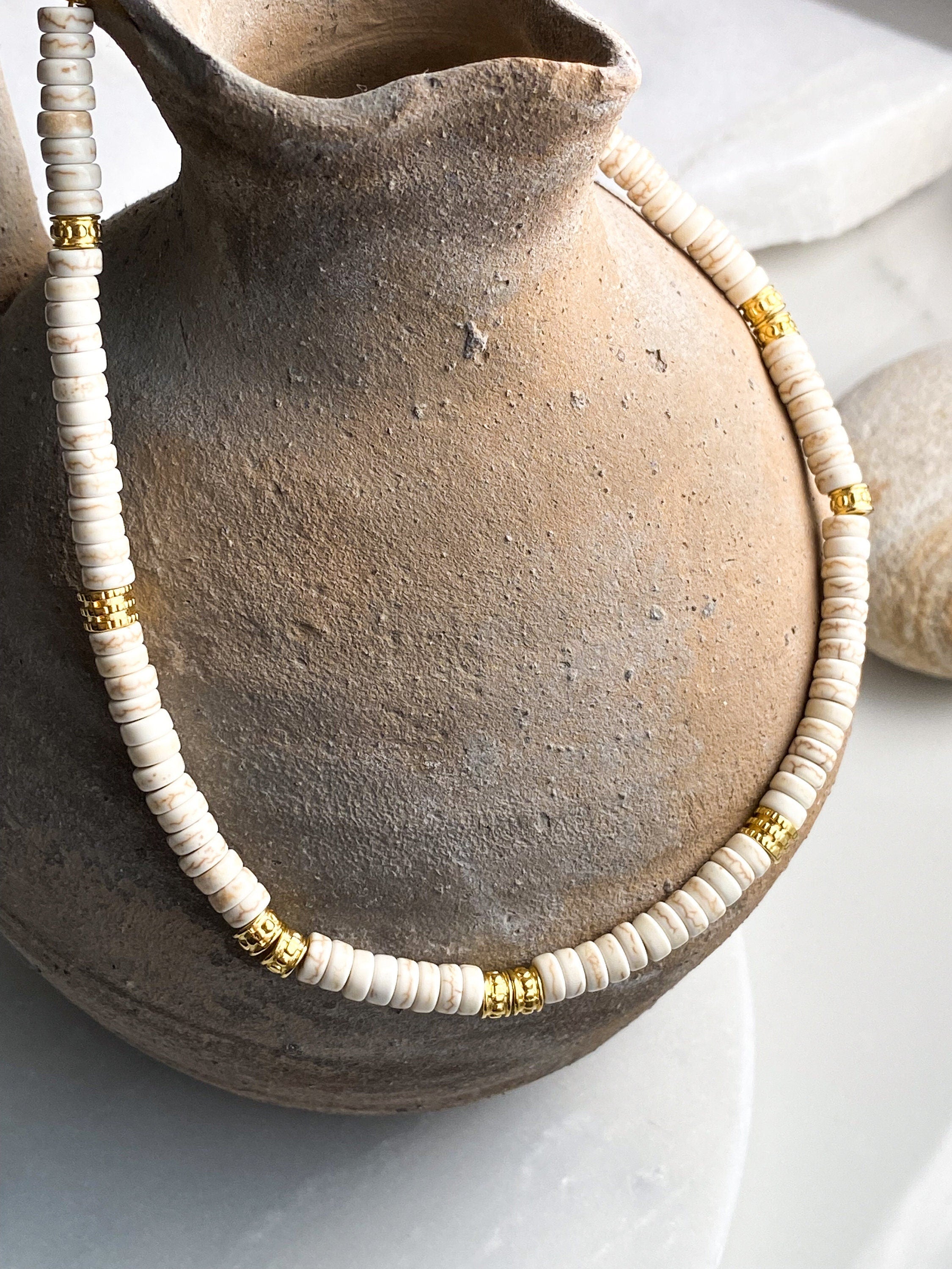White heishi necklace, Birthday Gift for girlfriend, Summer festival beach necklace, Howlite birthstone necklace, ALKI
