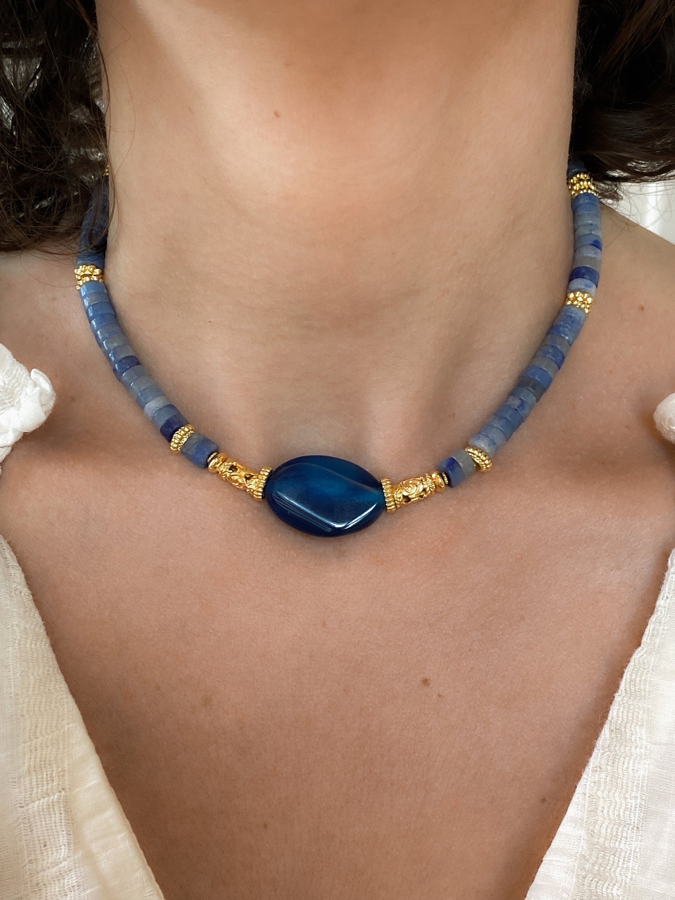 Aventurine Necklace with Blue Agate Stone, Heishi Statement Necklace, Boho Chic Gemstone Choker, Summer festival Necklace, Mum Gift,PENELOPE