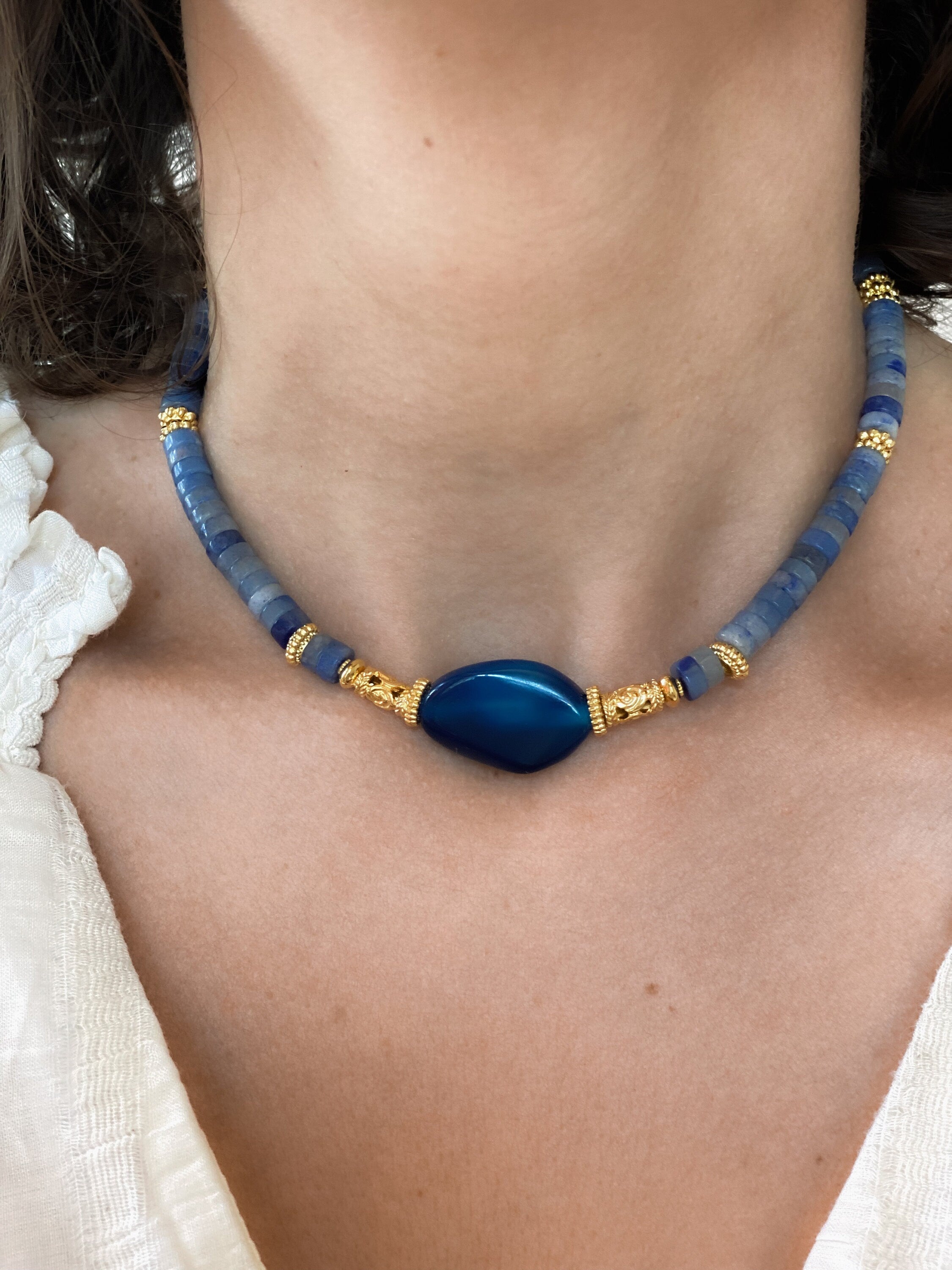 Aventurine Necklace with Blue Agate Stone, Heishi Statement Necklace, Boho Chic Gemstone Choker, Summer festival Necklace, Mum Gift,PENELOPE