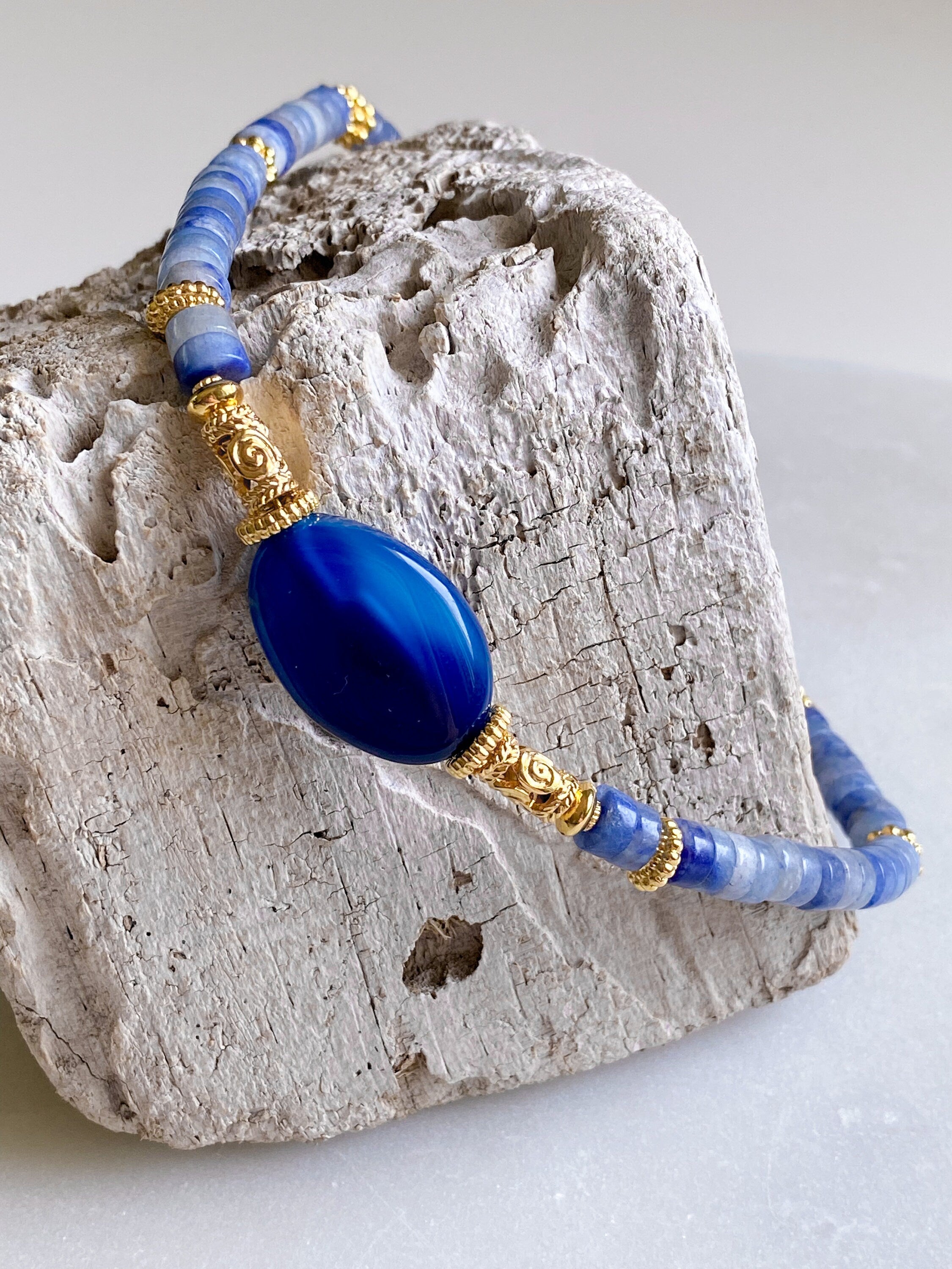 Aventurine Necklace with Blue Agate Stone, Heishi Statement Necklace, Boho Chic Gemstone Choker, Summer festival Necklace, Mum Gift,PENELOPE