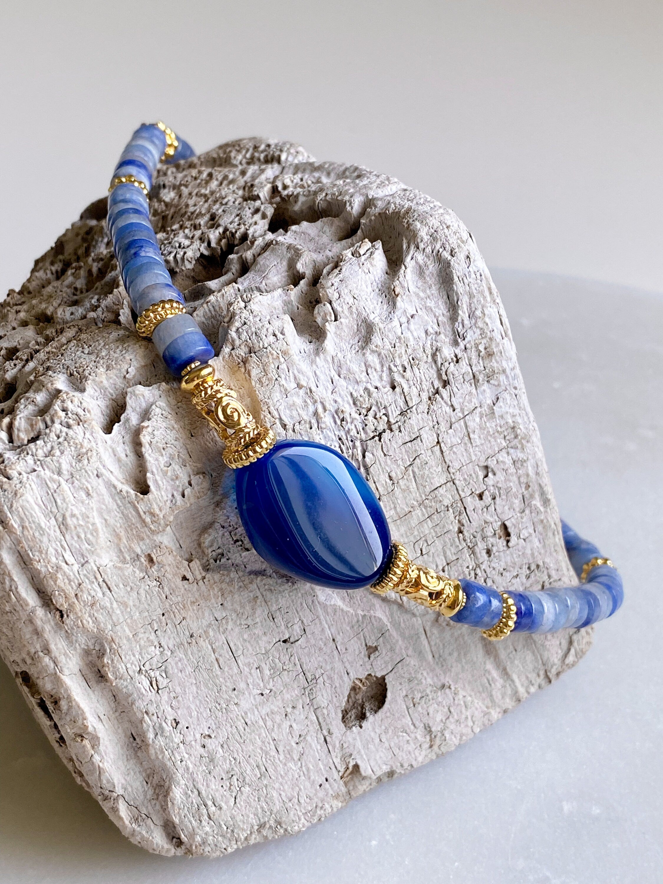 Aventurine Necklace with Blue Agate Stone, Heishi Statement Necklace, Boho Chic Gemstone Choker, Summer festival Necklace, Mum Gift,PENELOPE