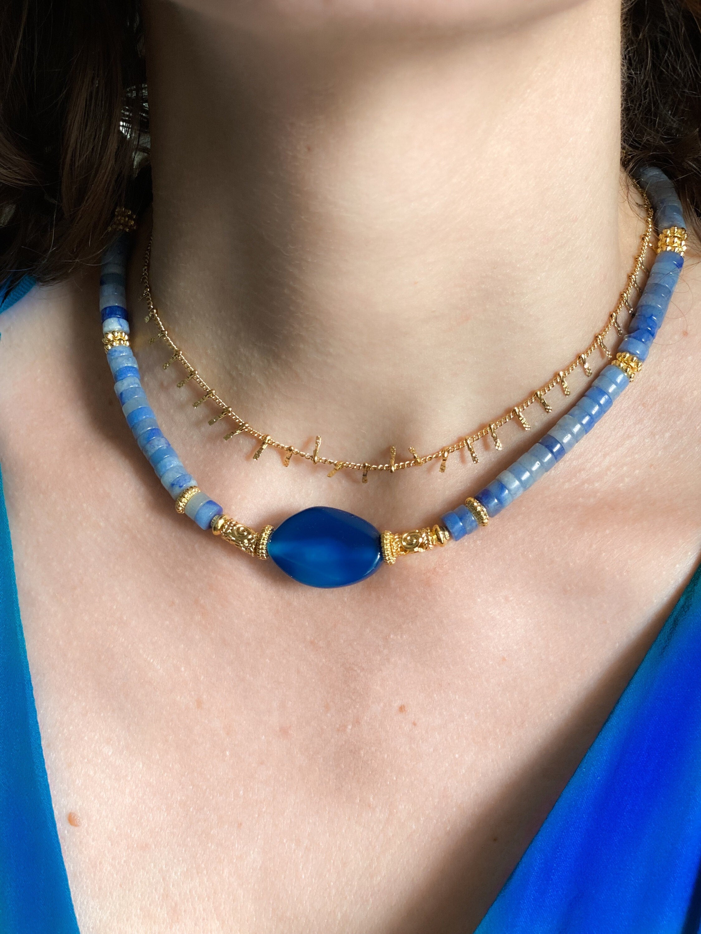 Aventurine Necklace with Blue Agate Stone, Heishi Statement Necklace, Boho Chic Gemstone Choker, Summer festival Necklace, Mum Gift,PENELOPE