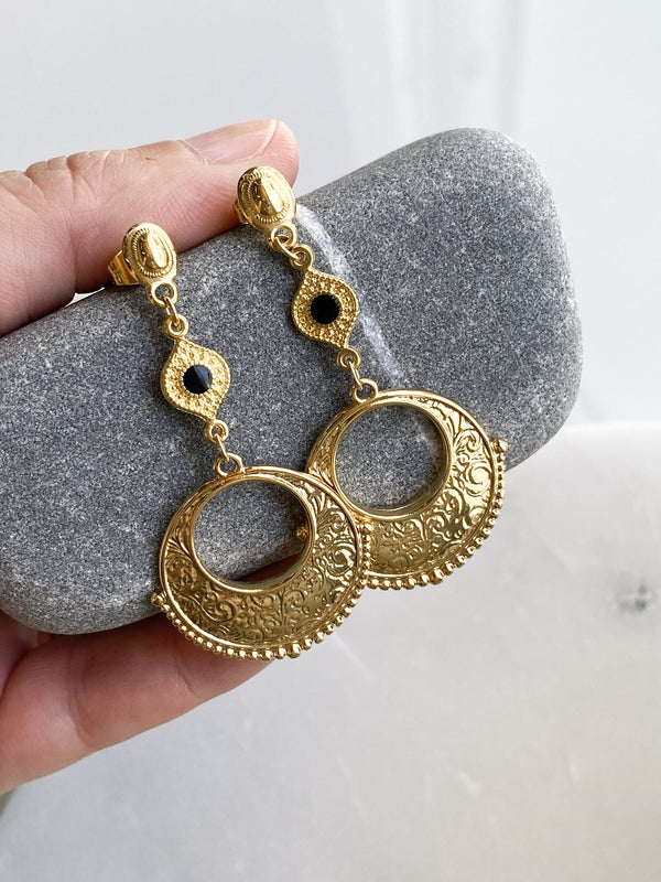 Anniversary Gift Dangle Tribal Earrings Black Gold Boho Earrings Ancient Earrings, Bijoux éthniques, Boucles d'oreilles noir AVRA