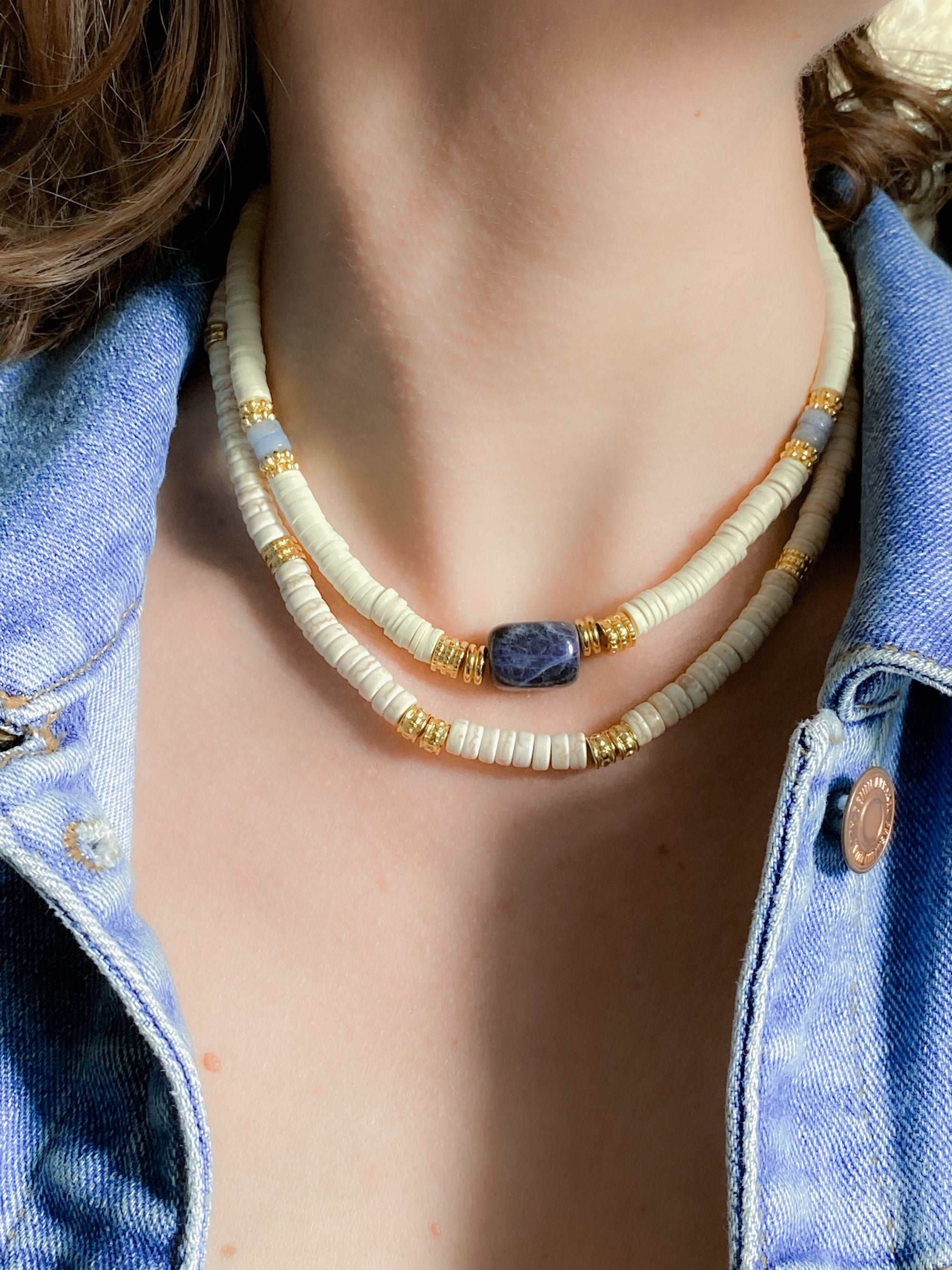 White heishi necklace, Birthday Gift for girlfriend, Summer festival beach necklace, Howlite birthstone necklace, ALKI