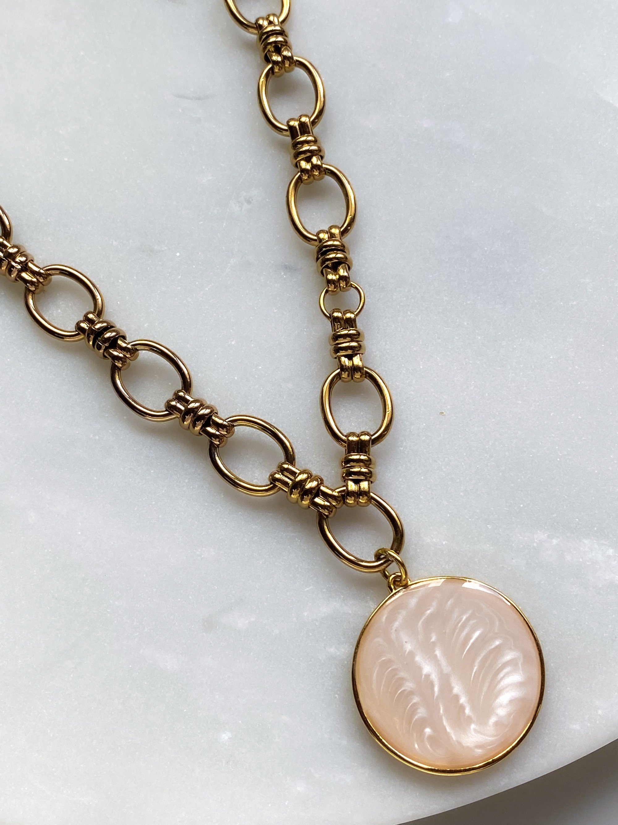 Chunky Chain Necklace with Big Round Charm, White Coin Pendant Necklace, Gold Chain necklace, Anniversary Gift for Her, CYBELIA